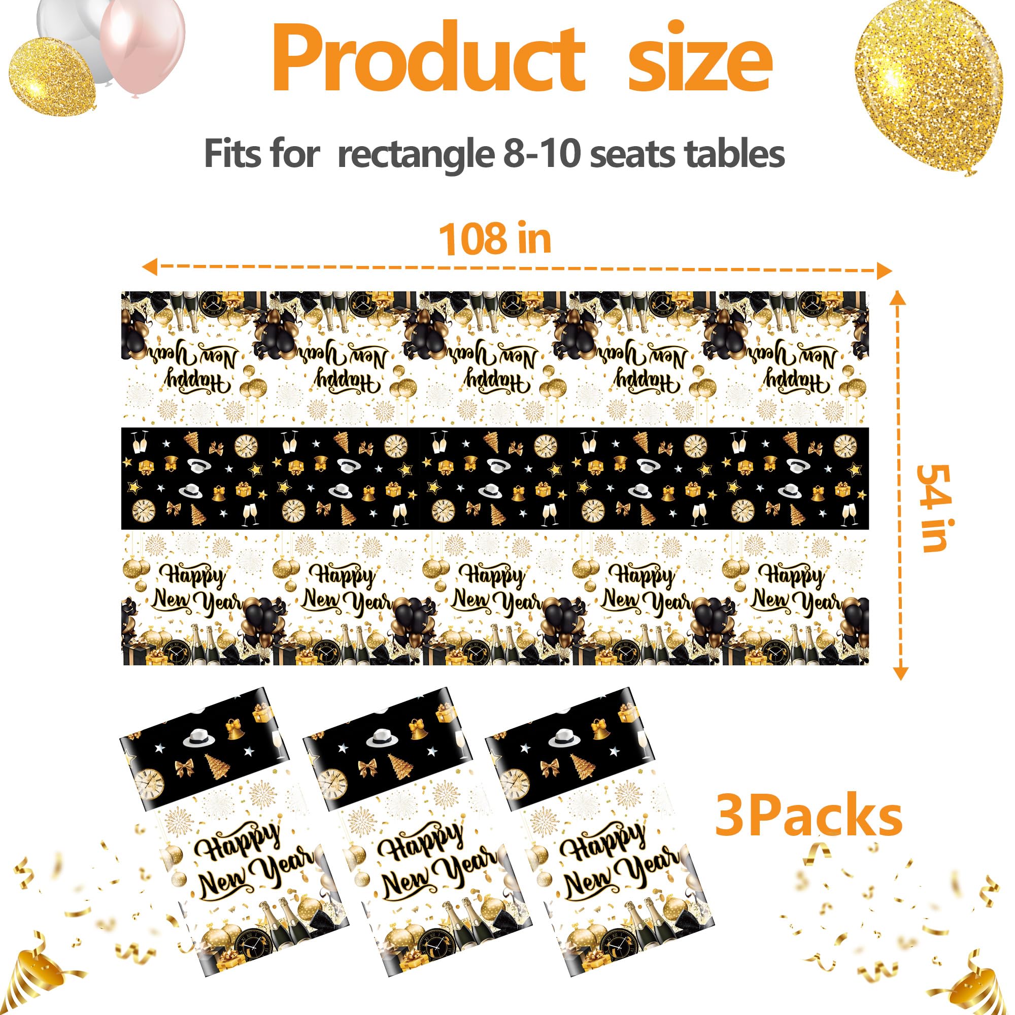 EUVBOKW 3 Pack New Years Tablecloths,Happy New Year Decorations,Black and Gold Disposable Plastic Waterproof Table Covers for 2026 New Years Eve Party Supplies,54 x 108 Inch