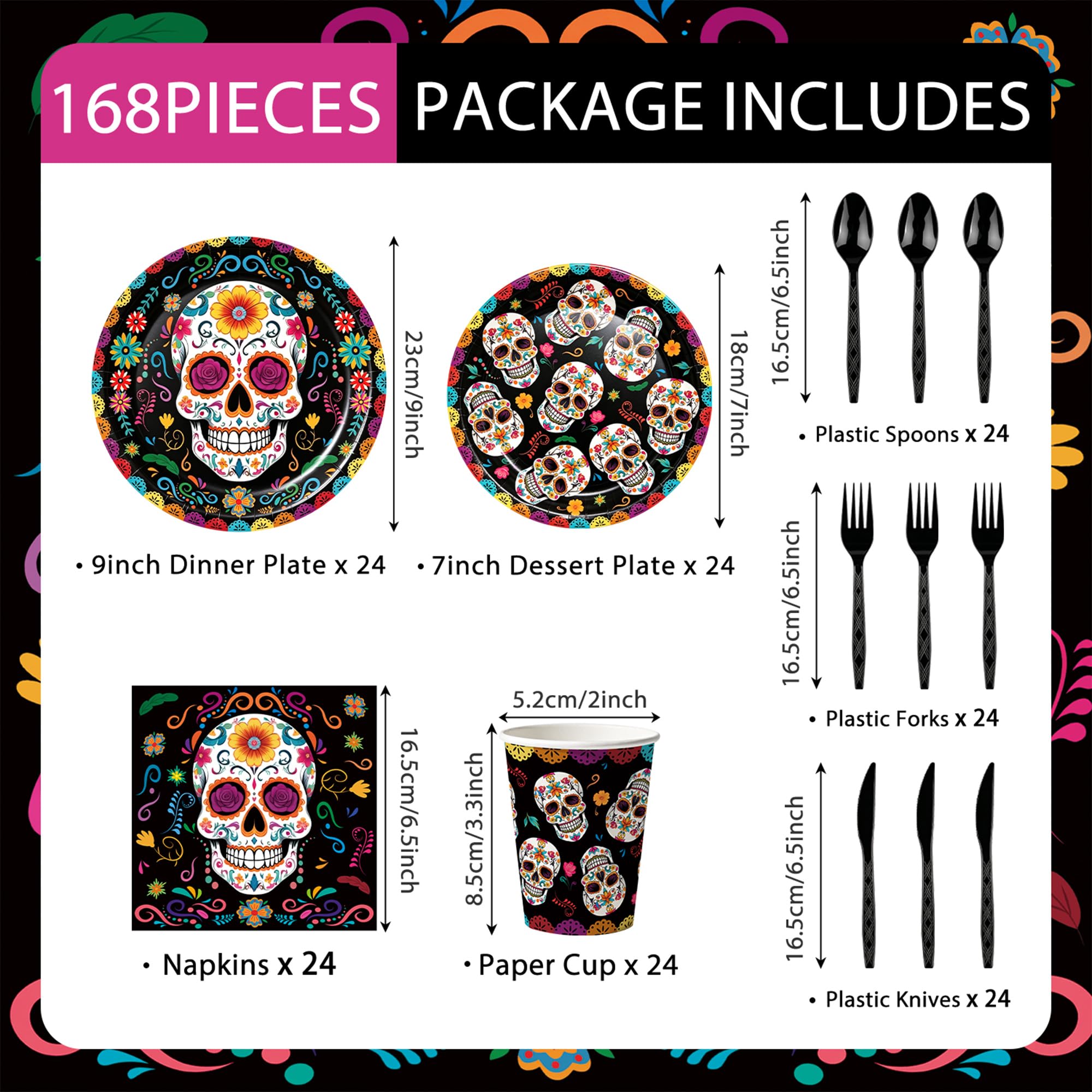 XIENBLOC 168pcs Day of the Dead Party Supplies Plates Napkins Dia de Los Muertos Tableware Set Sugar Skull Paper Plates Black Forks for Day of the Dead Party Decoration Serve 24