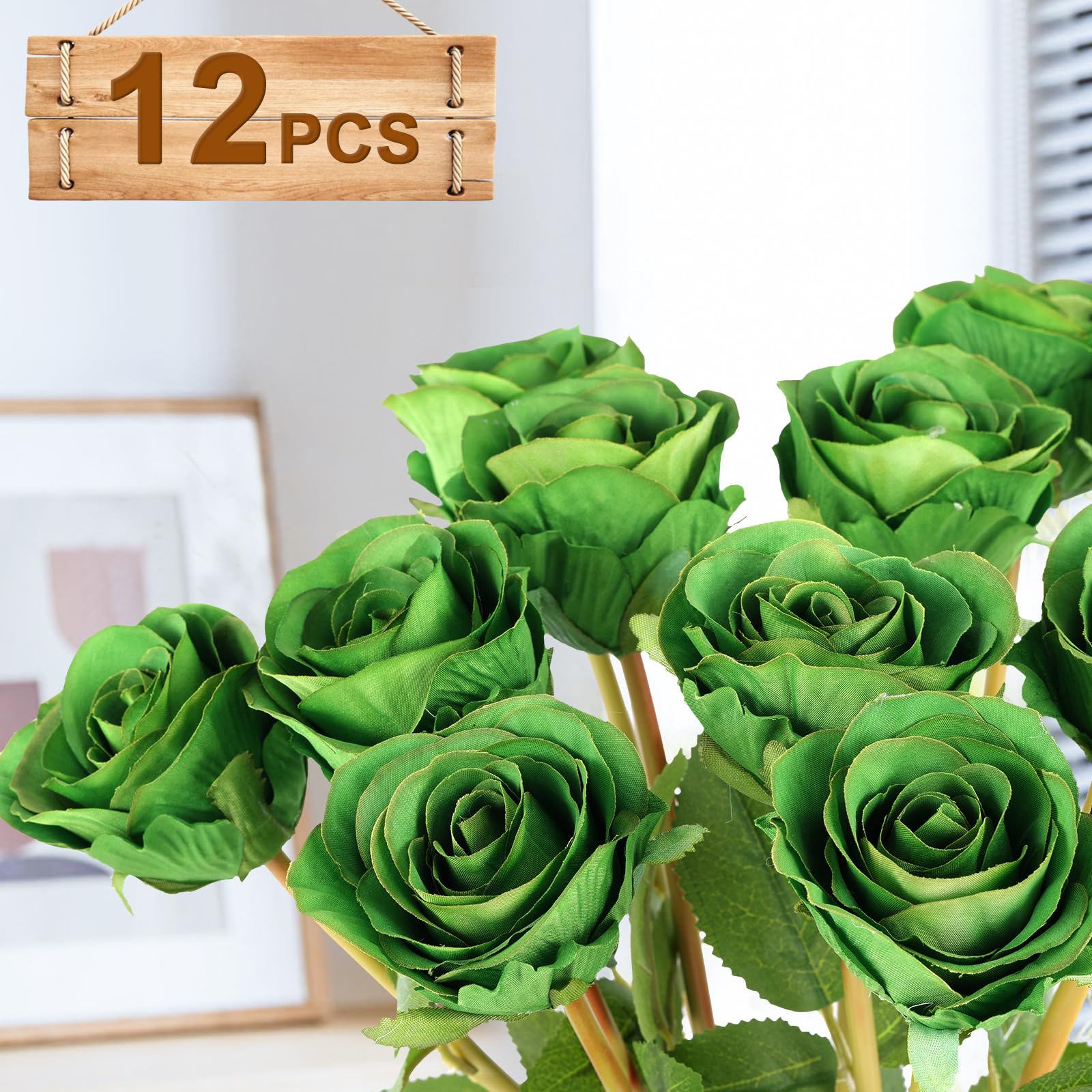 Hananona Artificial Roses Flowers for St. Patrick's Day,12 Pcs Silk Green Rose Bouquet for Spring Home Decoration, Green Faux Roses for Wedding