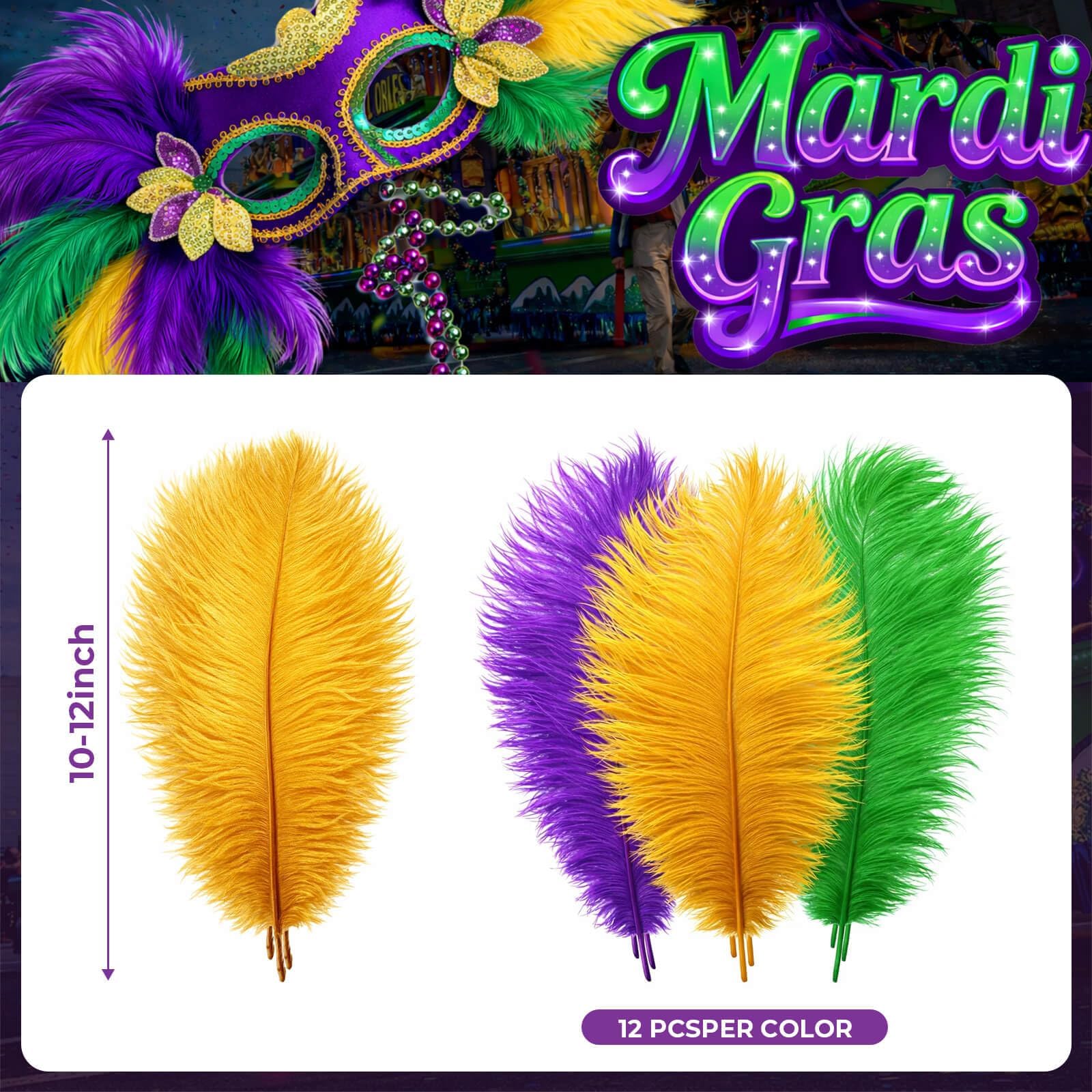 Piokio 36 pcs Mardi Gras Ostrich Feathers 10-12 inch(25-30 cm) Bulk for Mardi Gras DIY Clothing and Accessories Masquerade Party Decorations Table Centerpiece(Gold Green Purple)