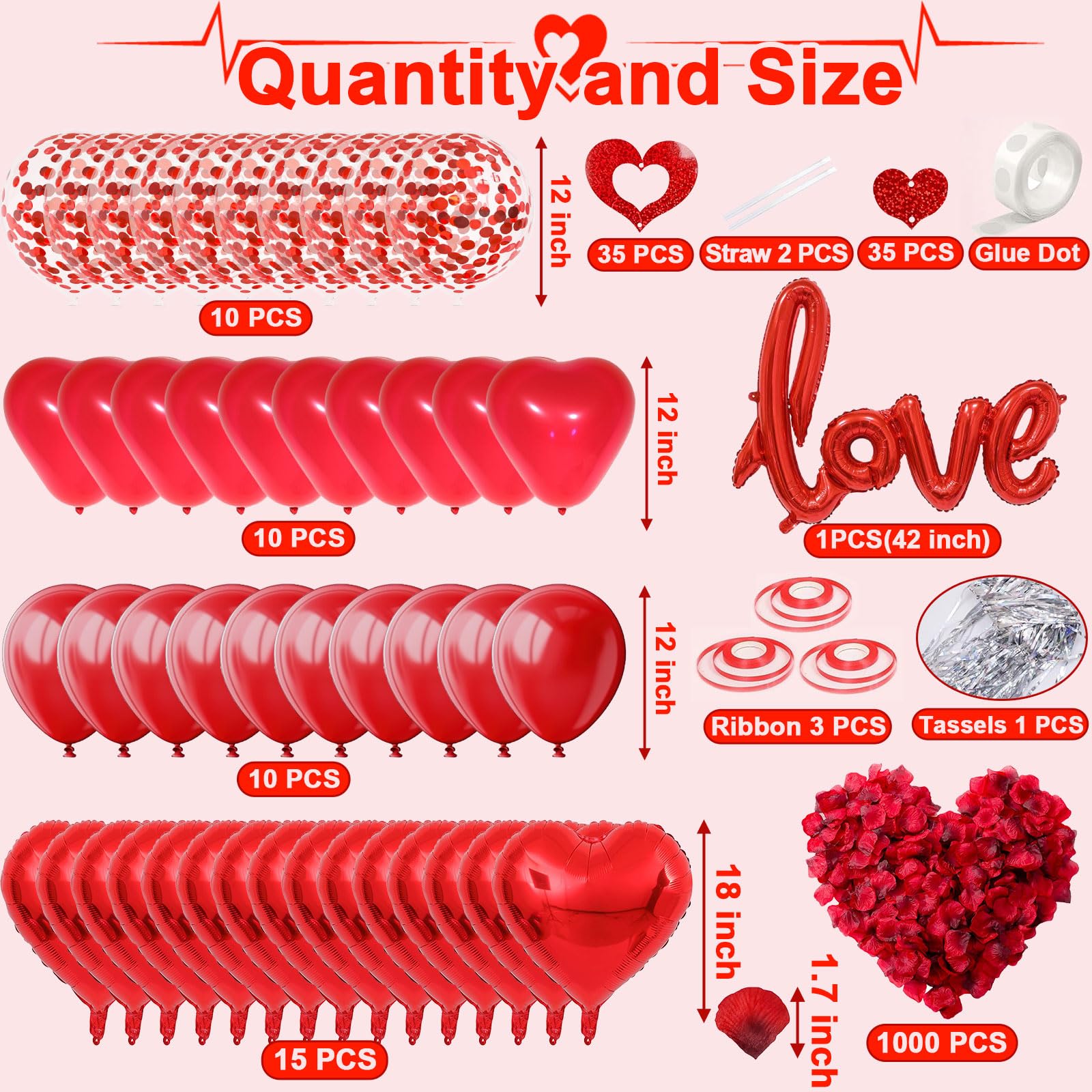 Fecedy Love and Heart-Shaped Aluminum Foil Balloon,Heart-Shaped and Round Latex balloons,Confetti Balloon,Fake Petals,Hanging Streamers for Valentines Bridal Shower Anniversary Engagement Decorations