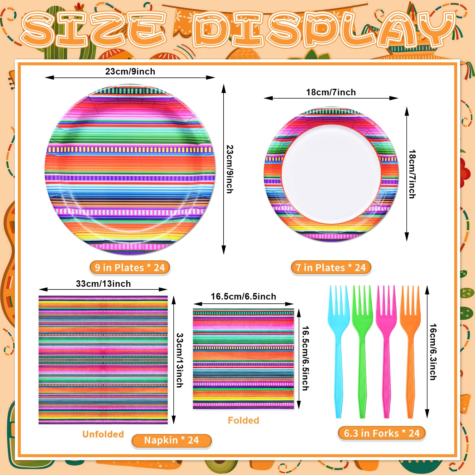 96 Pieces Mexican Fiesta Party Tableware Set - Colorful Serape Stripe Disposable Dinnerware with Paper Plates, Napkins, Plastic Forks - Cinco de Mayo, Taco Tuesday, Birthday, BBQ Party Supplies