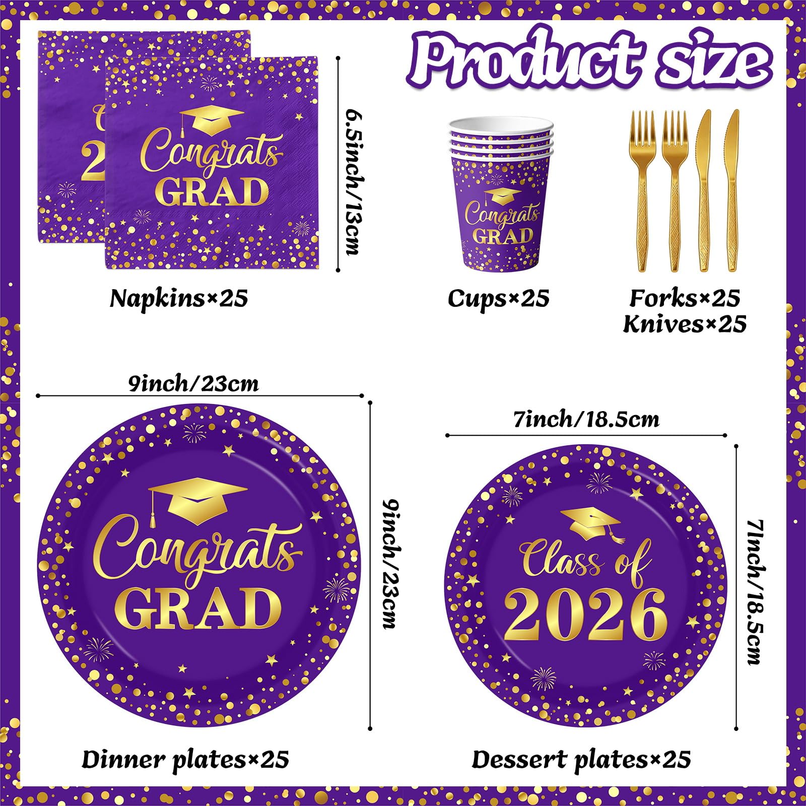 Graduation Plates and Napkins 2026, Purple and Gold Graduation Decorations, Disposable Congrats Grad Paper Plates Napkins Cups for Class of 2026 Party Supplies, Serve 25