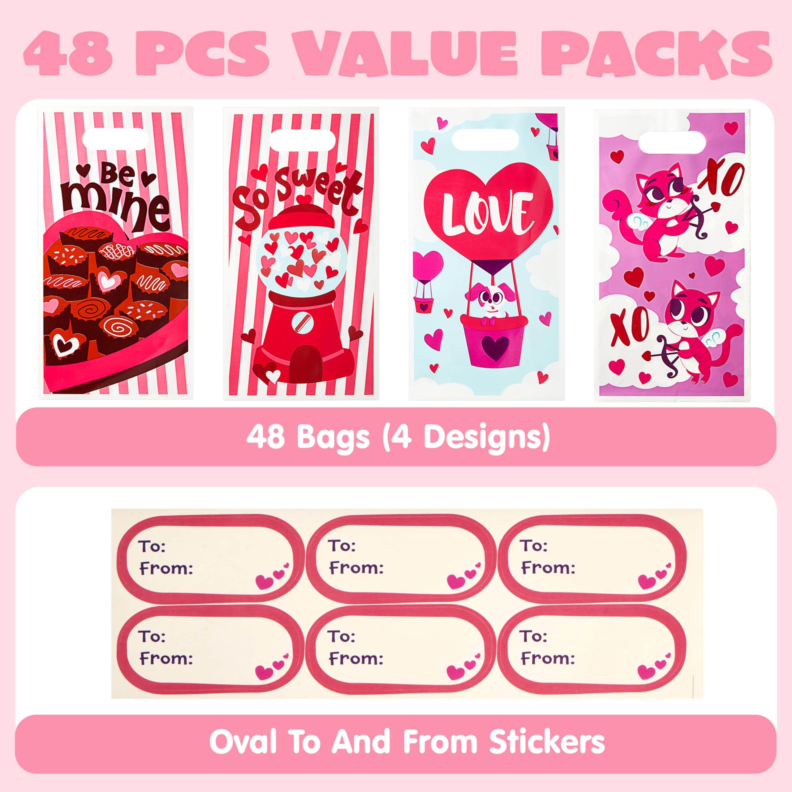 JOYIN 48 Pcs Valentines Day Gift Bags, Goodie Bags with Foam Stickers ,Treat Bag for Valentine Party Favors Gifts,Kids Party Favor Supplies, Classroom Exchange Prizes