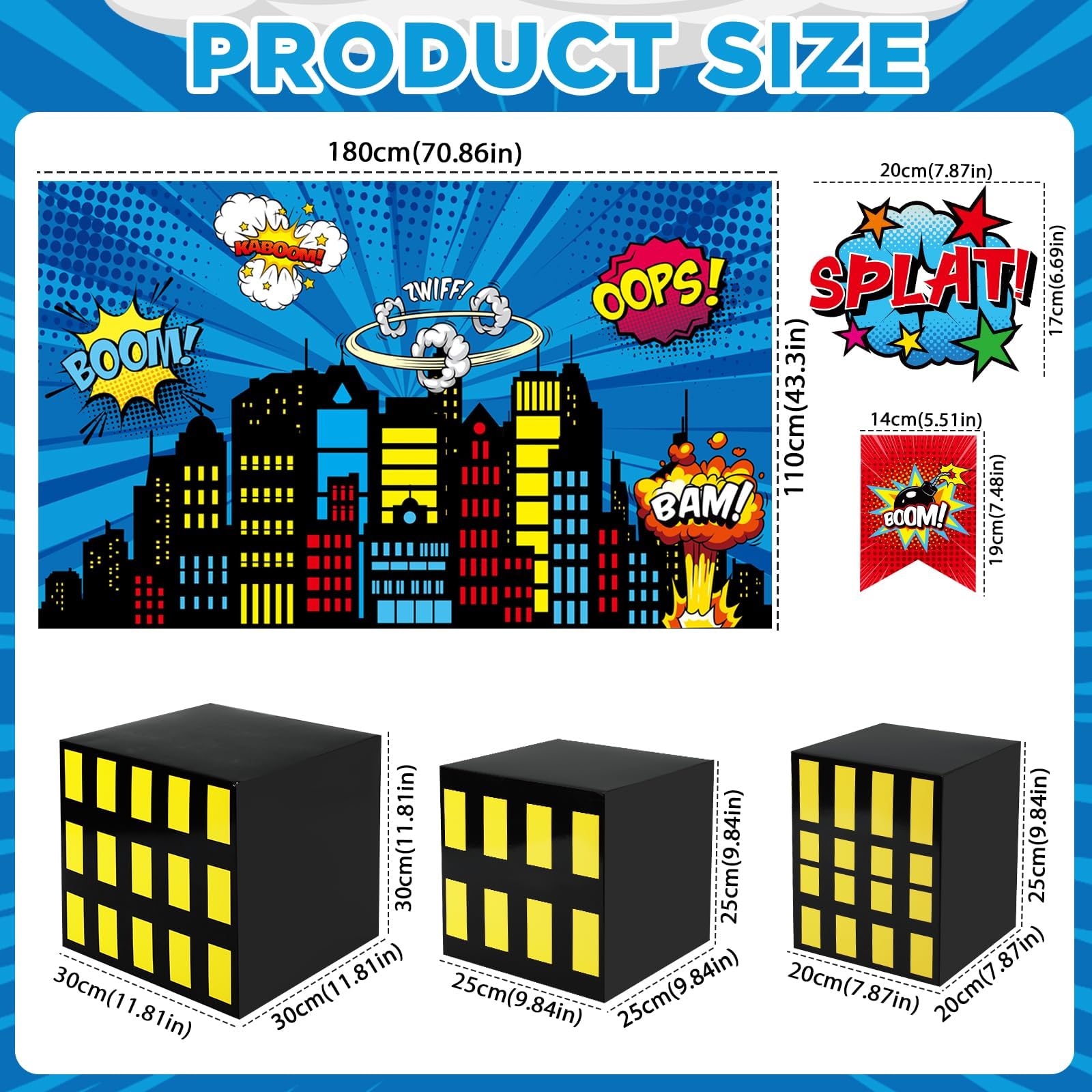17Pcs Super Theme Hero Party Photography Backdrop for Hero Birthday Decorations with Hero Background Skyscraper City Boxes Hero Cutouts Super Banner for Super Theme Hero Birthday Party Supplies