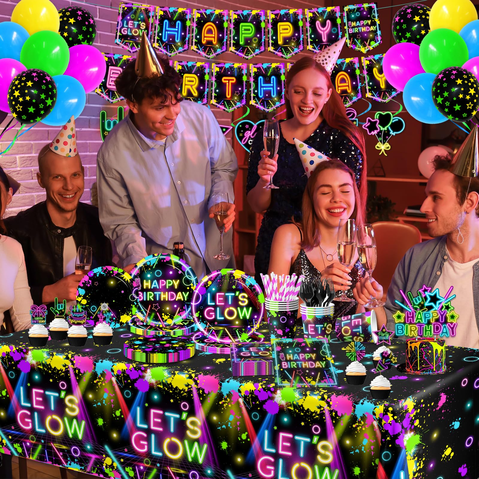 Neon Party Supplies Serves 24,Glow in The Dark Themed Tableware Including Plates,Napkins,Banner,Tablecloths Neon Birthday Party Decorations for Let's Glow Baby Shower Birthday Favors