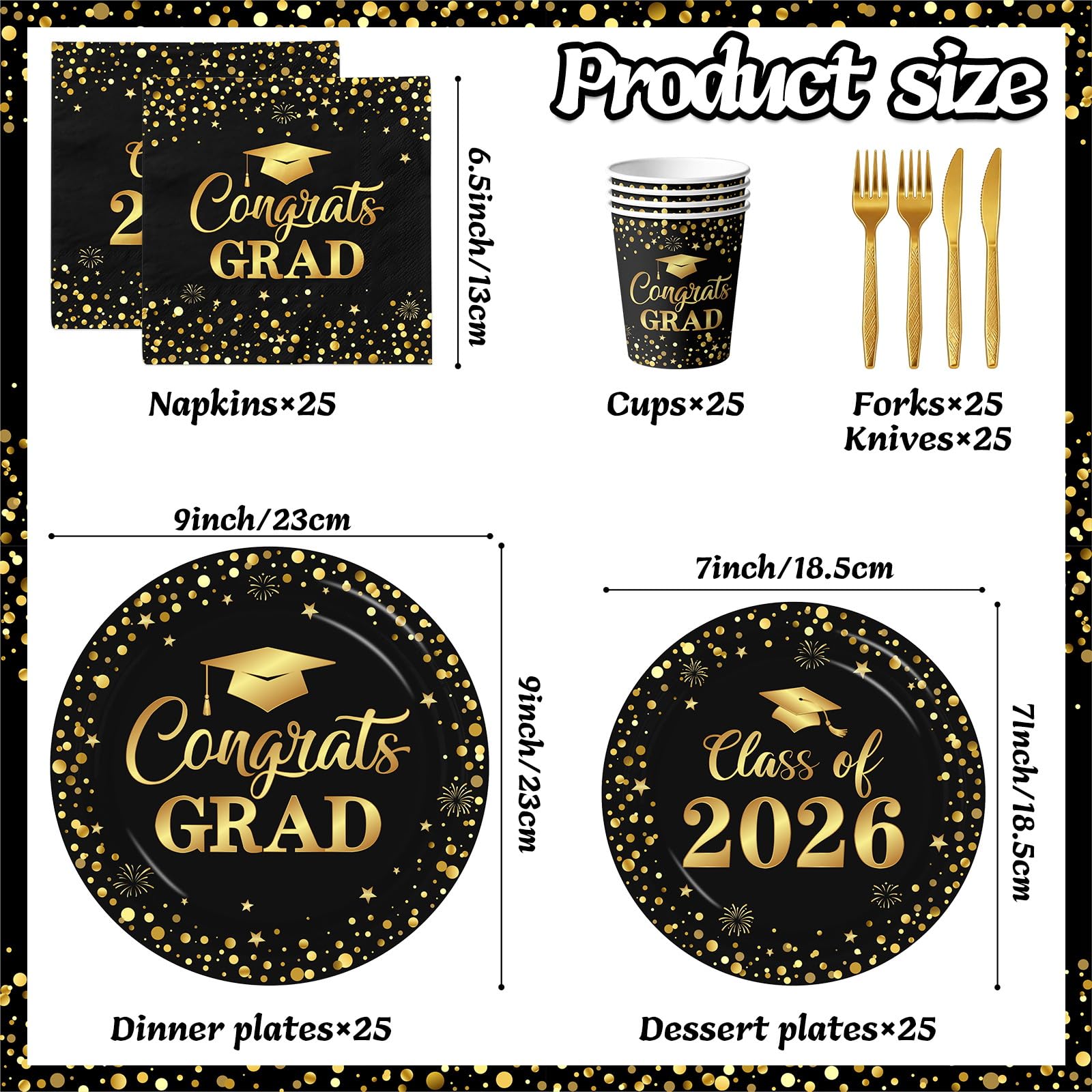 Graduation Plates and Napkins 2026, Black and Gold Graduation Decorations, Disposable Congrats Grad Paper Plates Napkins Cups for Class of 2026 Party Supplies, Serve 25