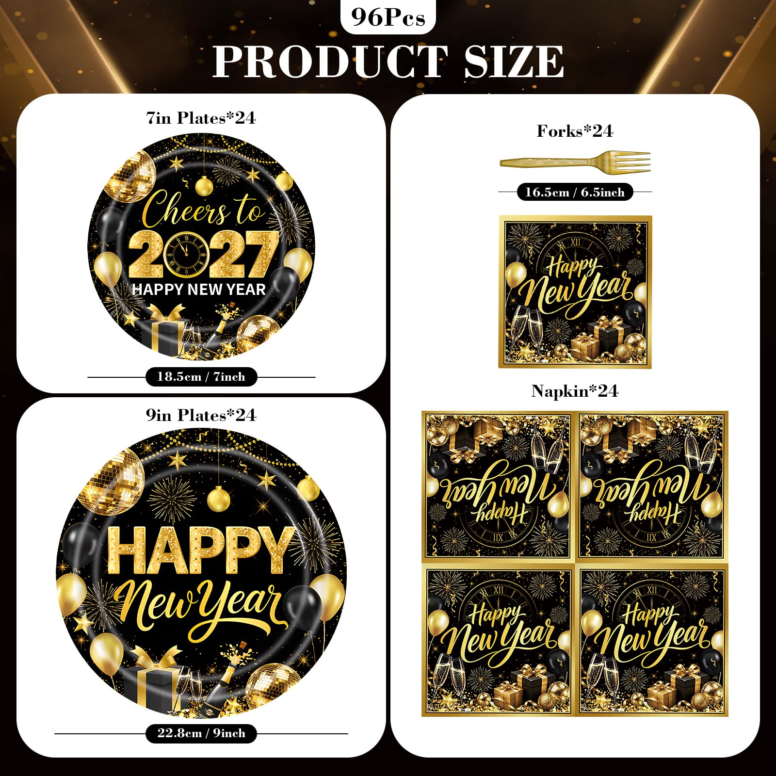 Herytem 96 Pieces New Year’s Eve Plates and Napkins Set – Black and Gold 2027 Disposable 9 Inch and 7 Inch Party Plates with Gold Forks for New Year Countdown Celebration – Serves 24 Guests