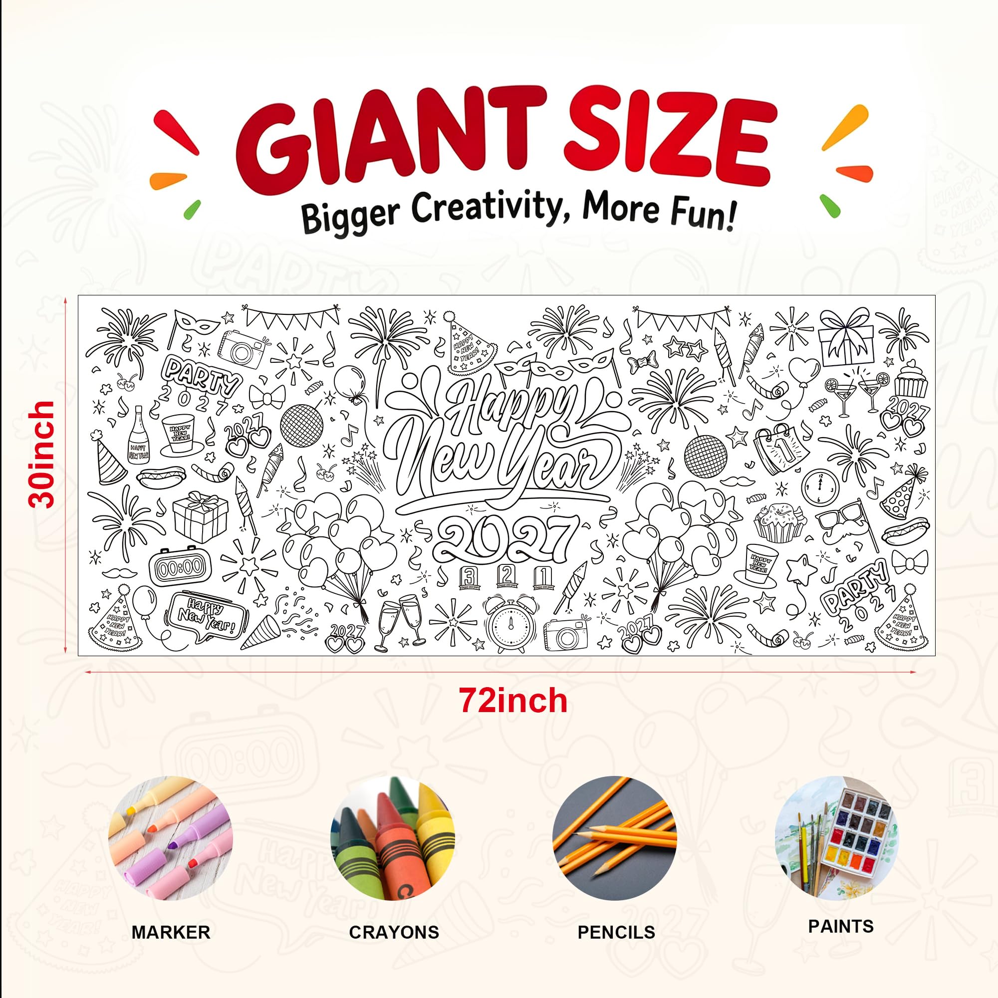 OHOME Happy New Year Giant Coloring Poster/Tablecloth - New Years Decorations 2027-30 x 72 Inches Jumbo Coloring Banner Kids Crafts Activities Party Decorations | New Years Eve Party Supplies