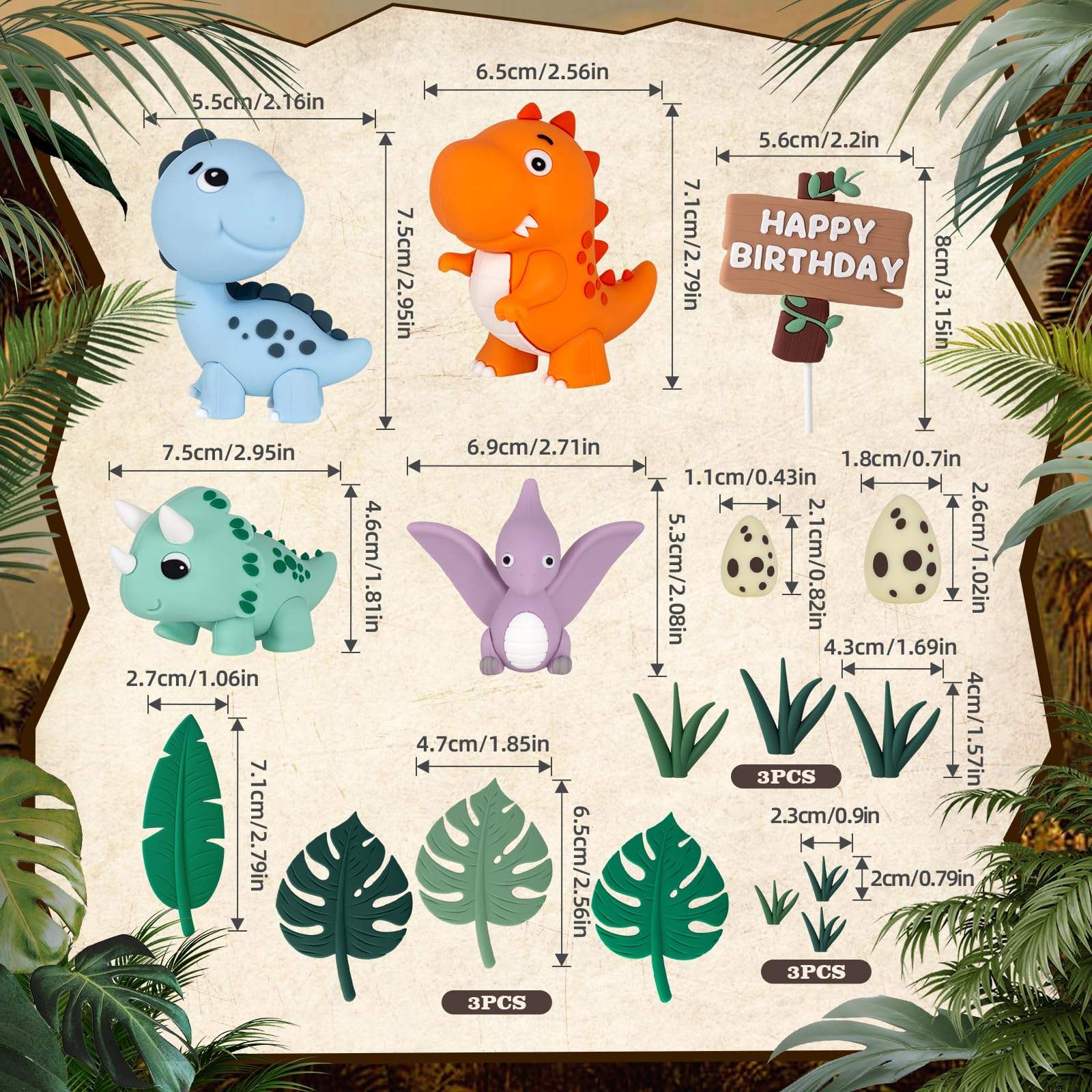 17PCS Dinosaur Cake Topper, Dinosaur Eggs Leaves Grasses Cake Decorations with Happy Birthday Sign Cake Toppers for Birthday Party Decorations, Safari Animal Themed Party