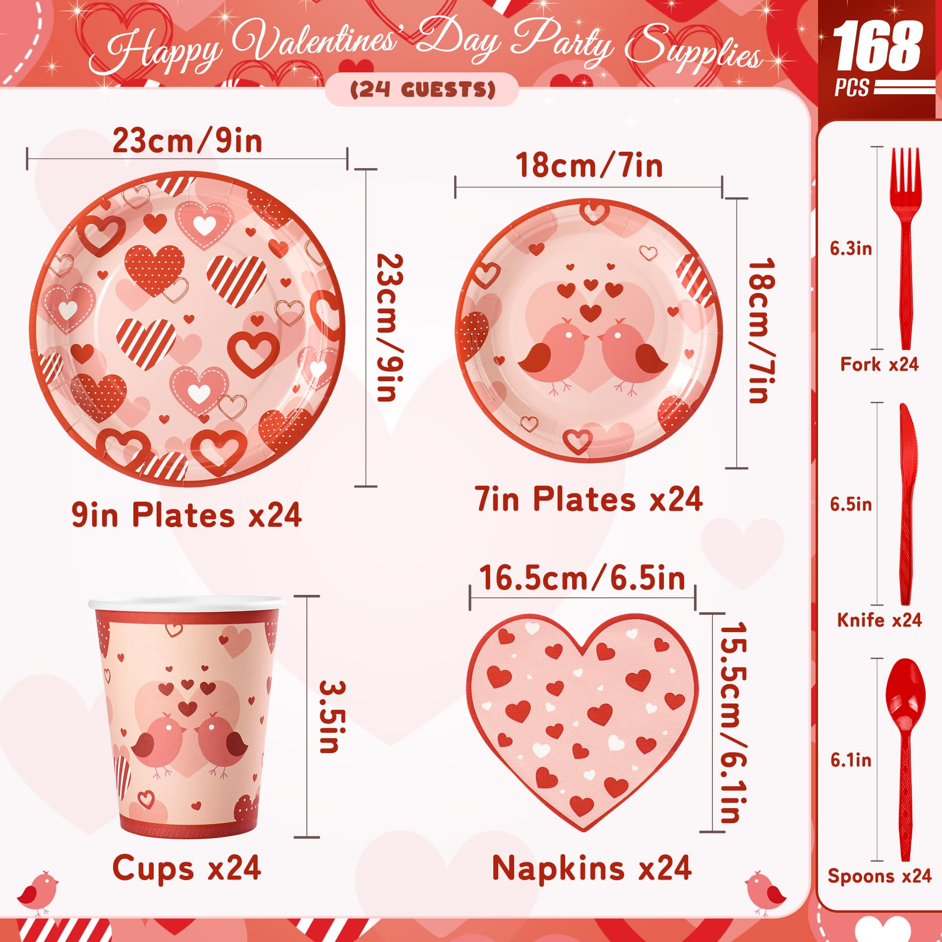168PCS Red Love Heart Party Supplies for Valentines,Galentines Disposable Paper Plates Napkins Cups Cutlery for 24 Guest,Love Party Tableware for Anniversary Wedding Engagement Birthday Baby Shower
