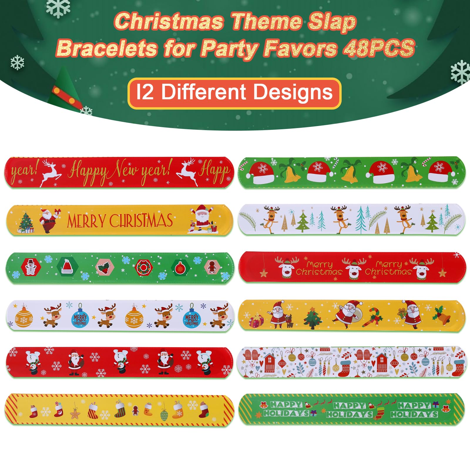 TAOVEN 48PCS Christmas Slap Bracelets, Xmas Slap for Christmas Party Favor Decoration (yellow,red,green,white)