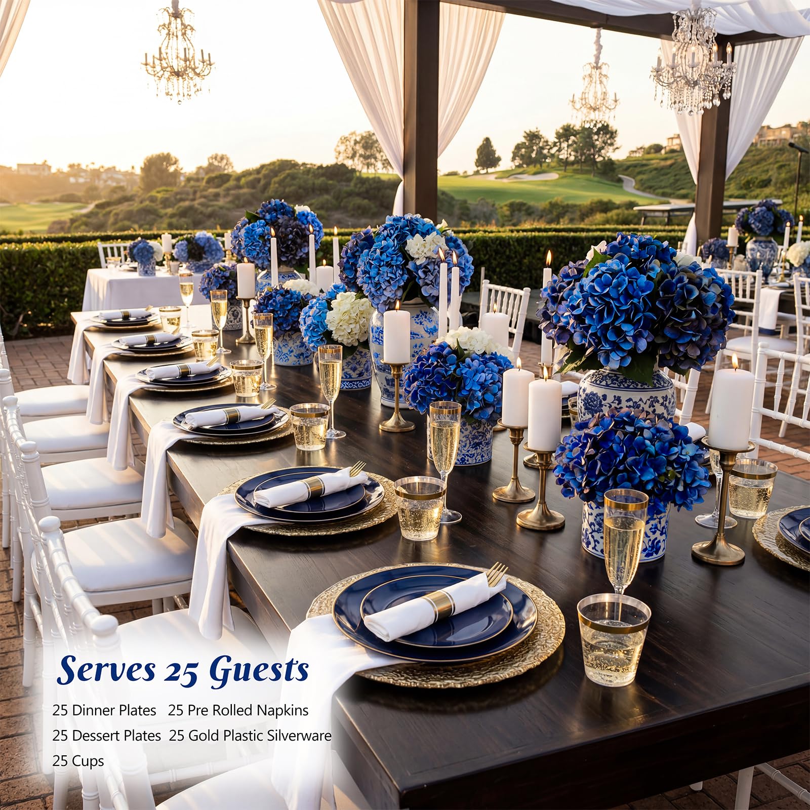 KIRE 175Pcs Blue Plastic Plates - Navy Blue Plates Disposable - 25 for Dinner 25 for Dessert 25 Pre Rolled Napkins with Gold Plastic Silverware and 25 Cups for Wedding/Party/Hanukkah/Christmas