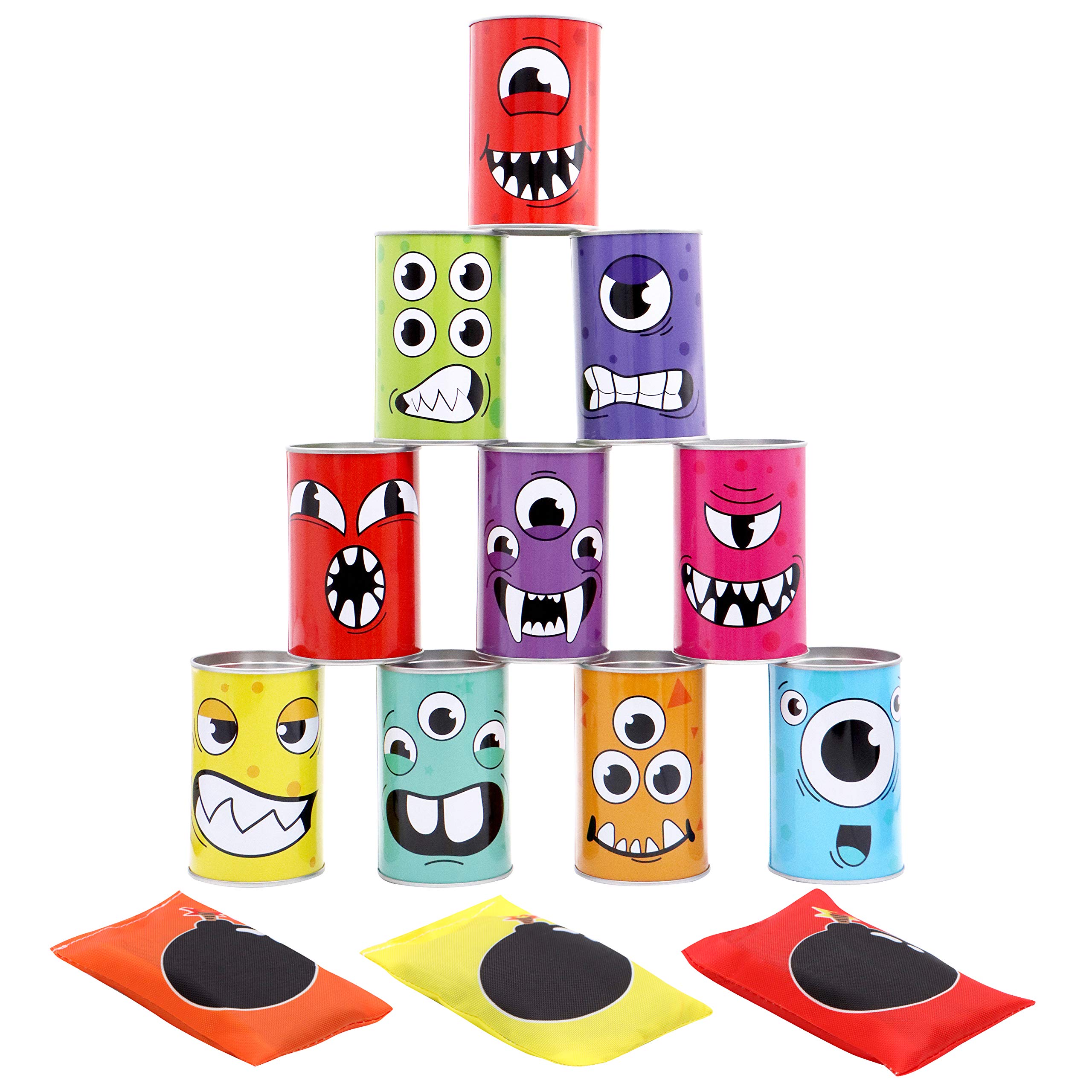 JOYIN 13 Pcs Carnival Bean Bag Toss, Knockdown Can Game Set, Holiday & Birthday Party Games, Outdoor Lawn Yard Activity for Kids Party Favors, Easter Egg Hunt for Classroom Gifts (Monster Style)