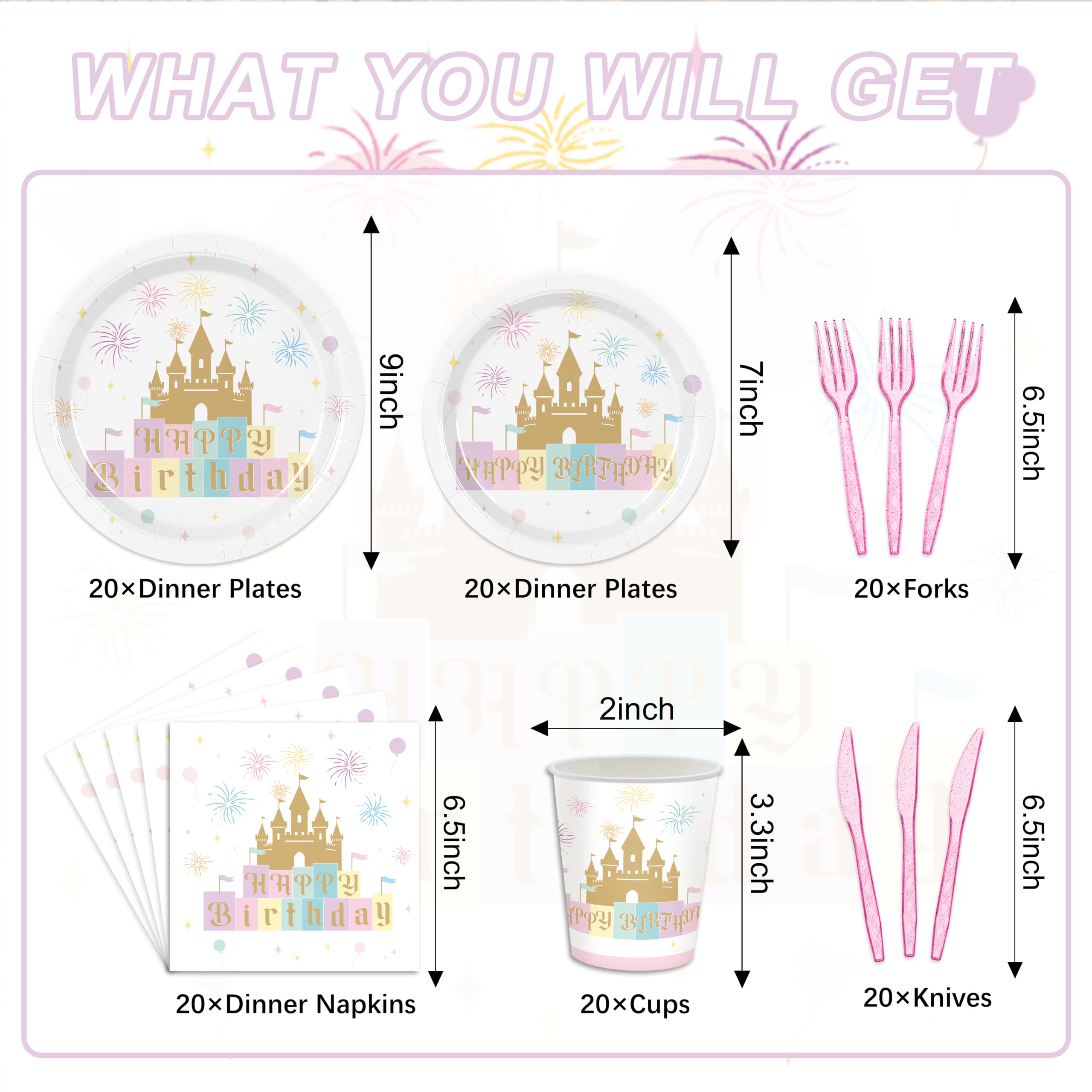 120Pcs Princess Castle Birthday Party Decorations,Pink Princess Birthday Themed Tableware,Includes Rainbow Gold Castle Paper Plates,9oz Cups,Napkins for Girls Birthday Party Supplies,Serves 20