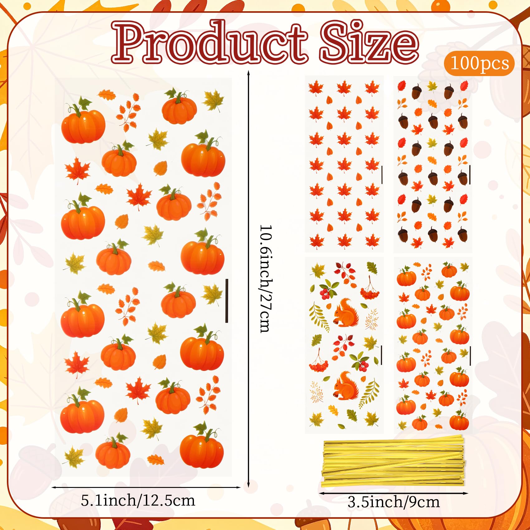 Fall Thanksgiving Treat Bags, 100 PCS Fall Thanksgiving Cellophane Treat Bags, Plastic Maple Leaf Pumpkin Acorn Candy Cookie Goodie Gift Bag with Twist Tie for Autumn Thanksgiving Party Favor Supplies