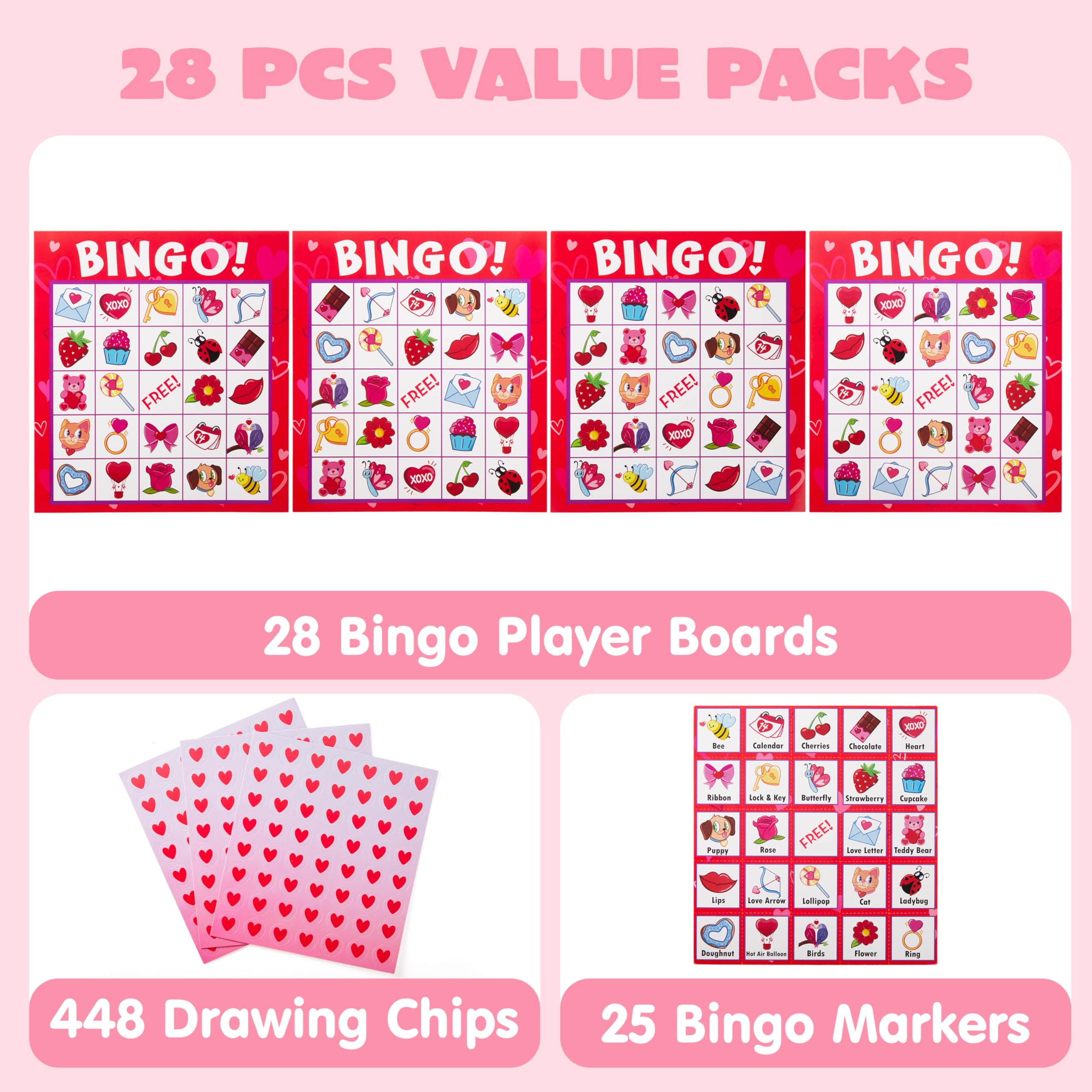 JOYIN 28 Players Valentine's Day Bingo Set, Game Cards for Kids School Classroom Party Supplies, Family Activity
