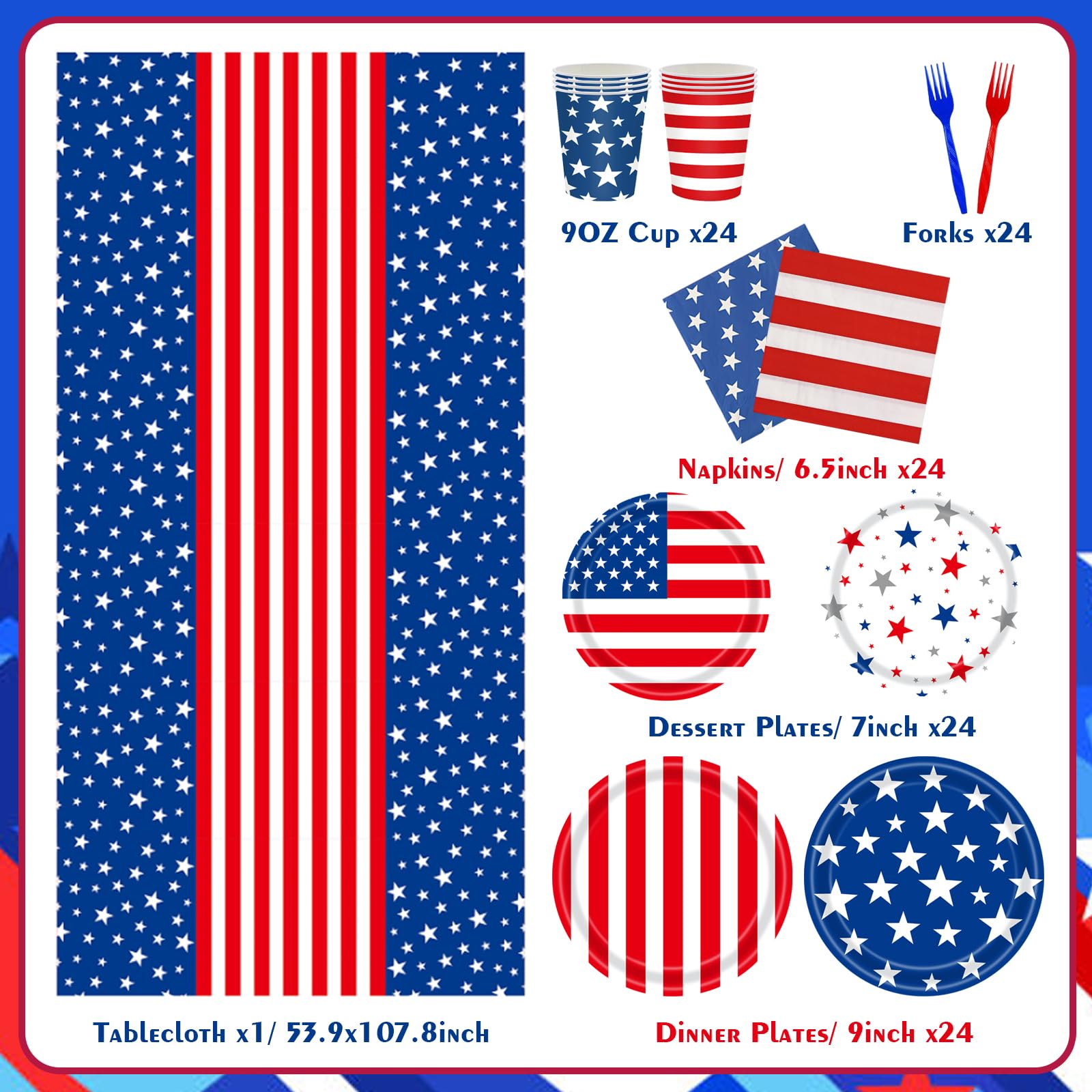 4th of July Decorations Patriotic Decorations Party Supplies Set for 24 Guests, Memorial Day Decorations with Plates, Napkins, Cups, Forks, Tablecloth, Fourth of July Decorations Patriotic Theme Kit