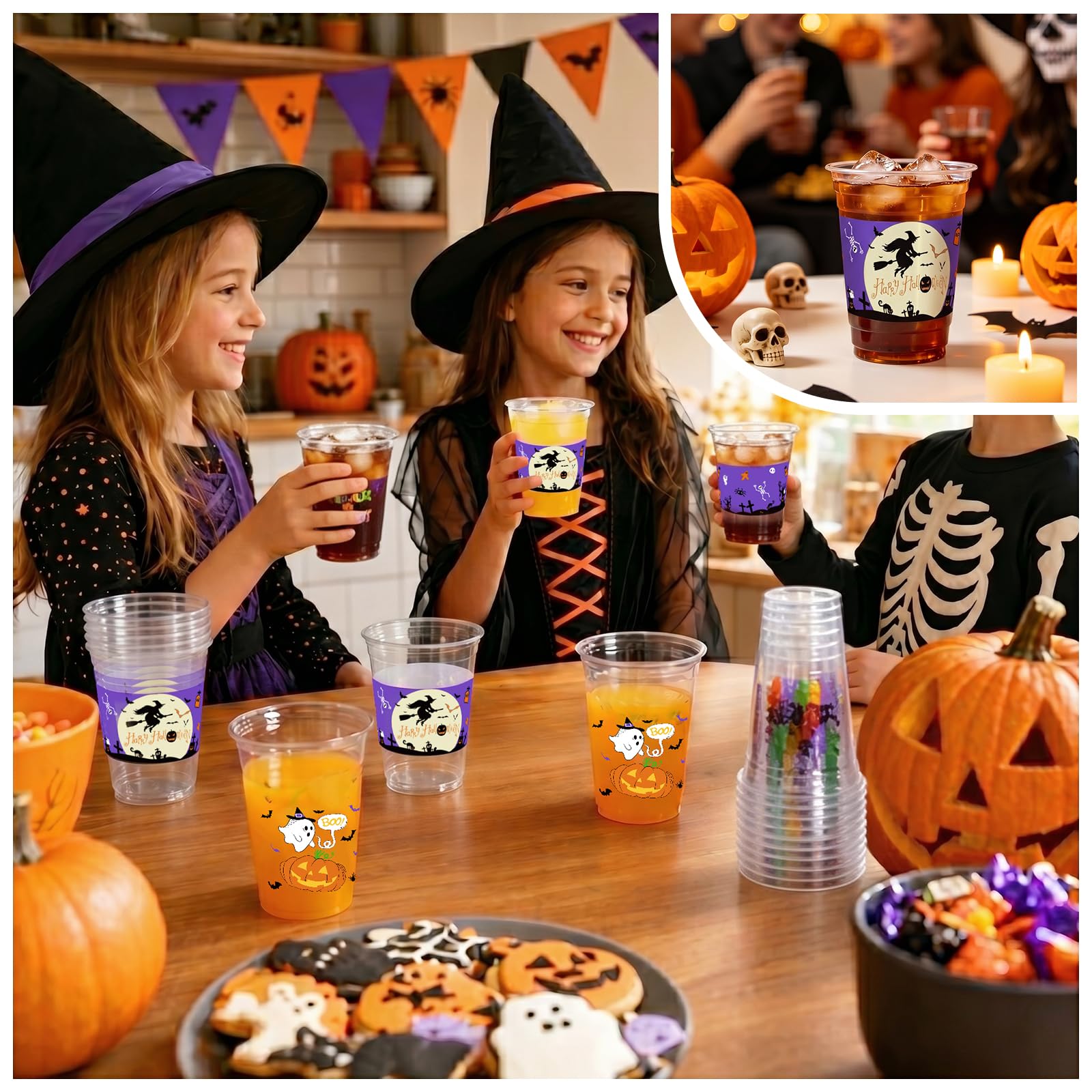 GuassLee 50 Pack Disposable Halloween Cups - Clear 12Oz Disposable Plastic Cups Set with 2 Styles Patterns for Kids Adults Halloween Party Favors Coffee Wine Hot Cold Drinks