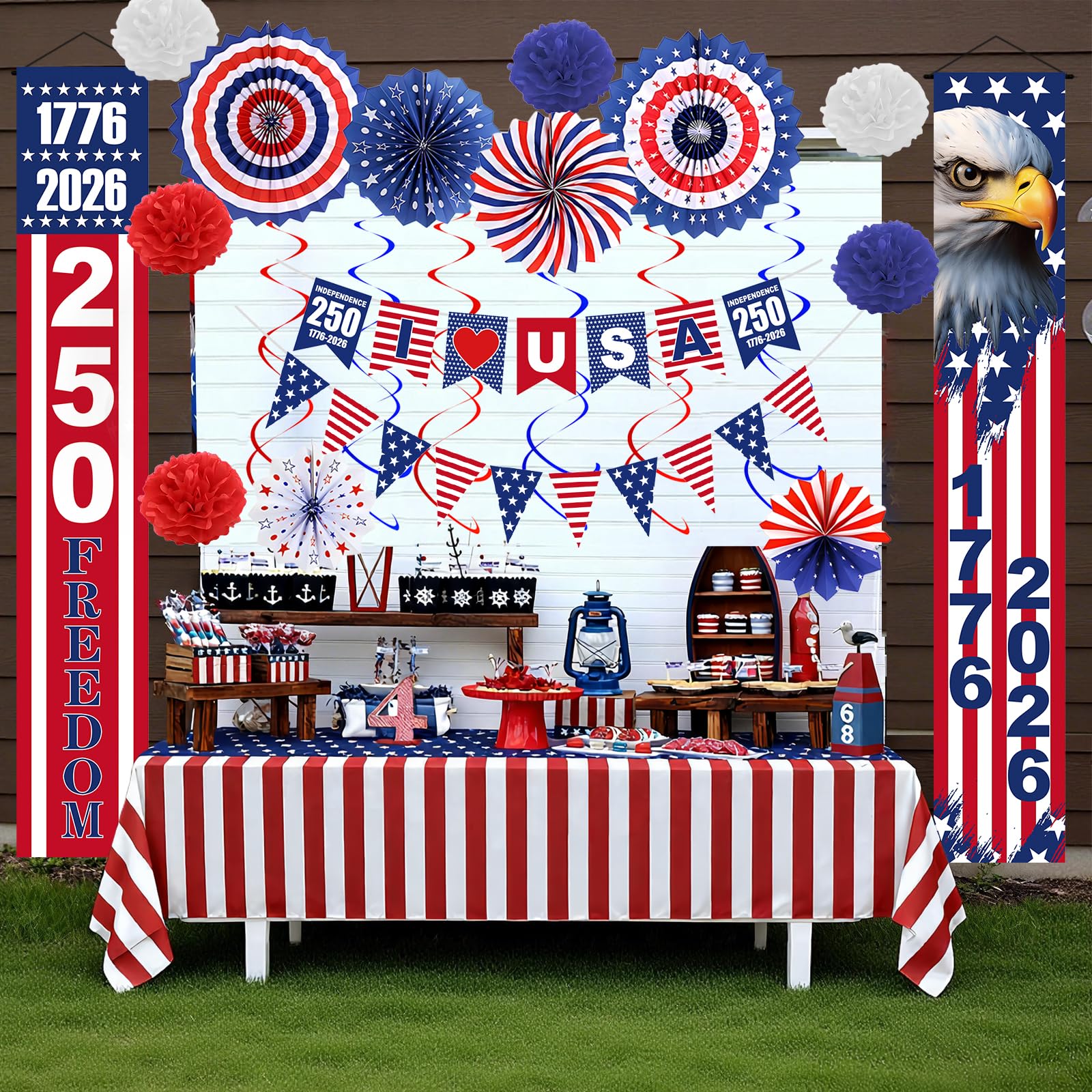 250th Anniversary Party 4th of july Decorations Set, 29 PCS Red White Blue Patriotic Decor with Paper Fans, Pom Poms, Tablecloth, Hanging Swirls and Door Banners