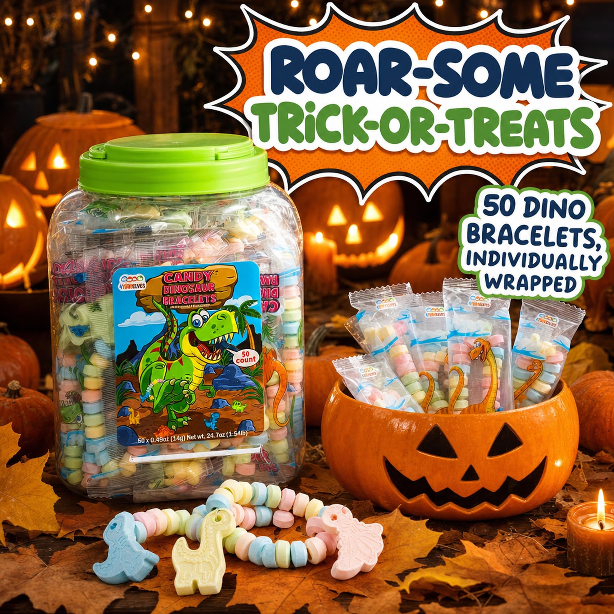 50 Dinosaur Candy Bracelets, Individually Wrapped Dino Snacks, Party Favors