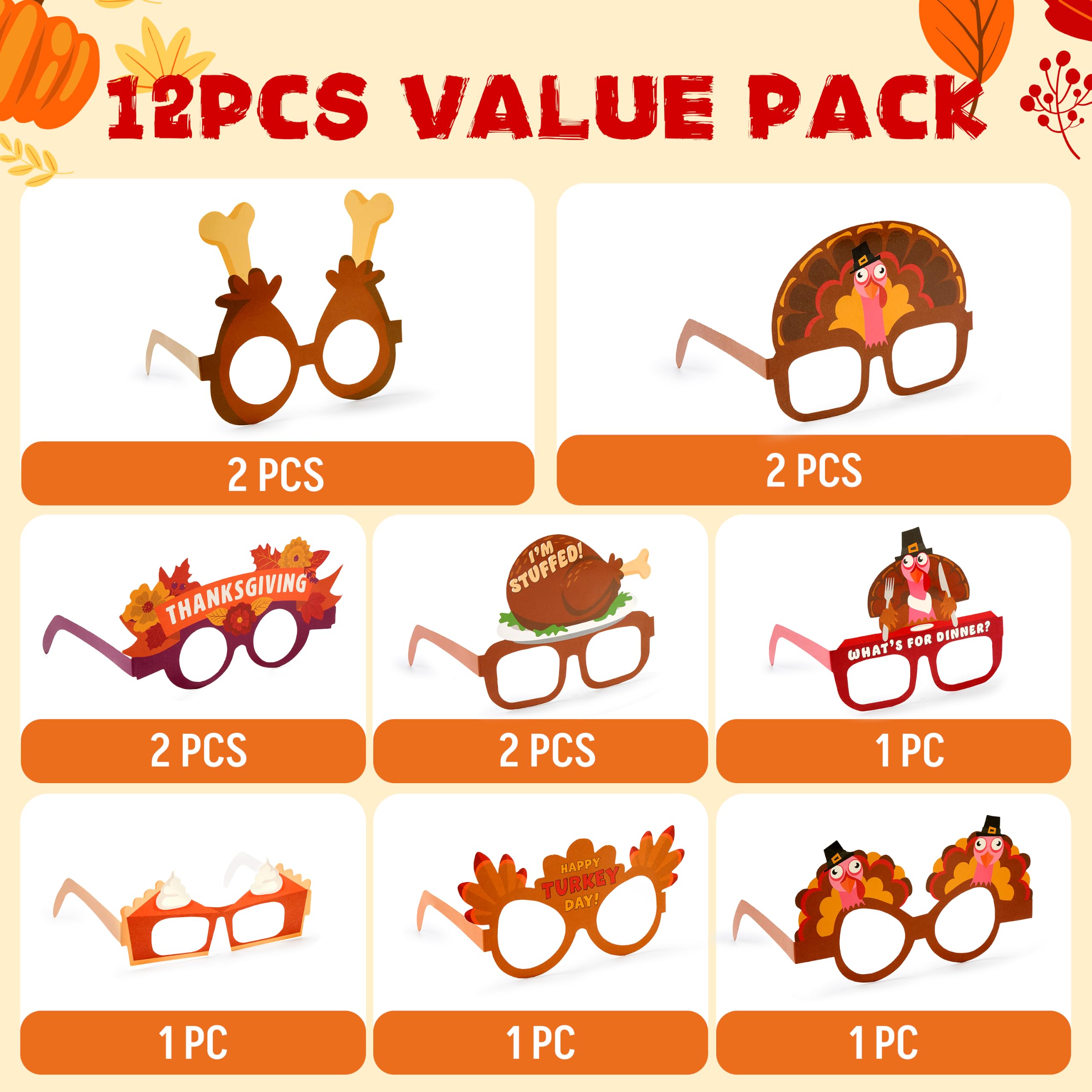JOYIN 48 Pcs Thanksgiving Turkey Glasses, Turkey Eyewear Frame Pumpkin Maple Leaves Photo Props,Thanksgiving Eyeglasses for kids, Party Favors, Accessories(One Size Fits All)