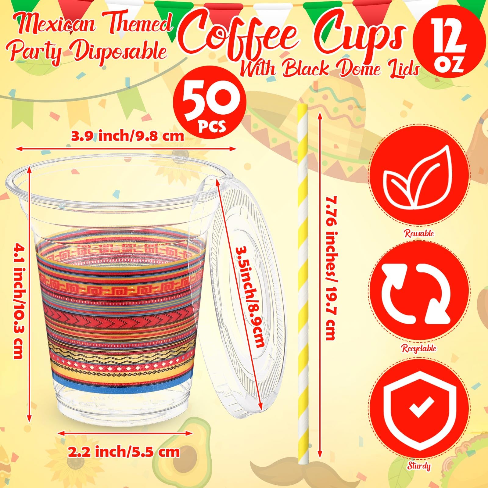 Jingmore 50 Pack 12 oz Fiesta Plastic Cups with Lids and Paper Straws Mexican Clear Disposable Cups Bulk Cinco De Mayo Party Decorations for Fiesta Taco Birthday Party Drinkware Supplies
