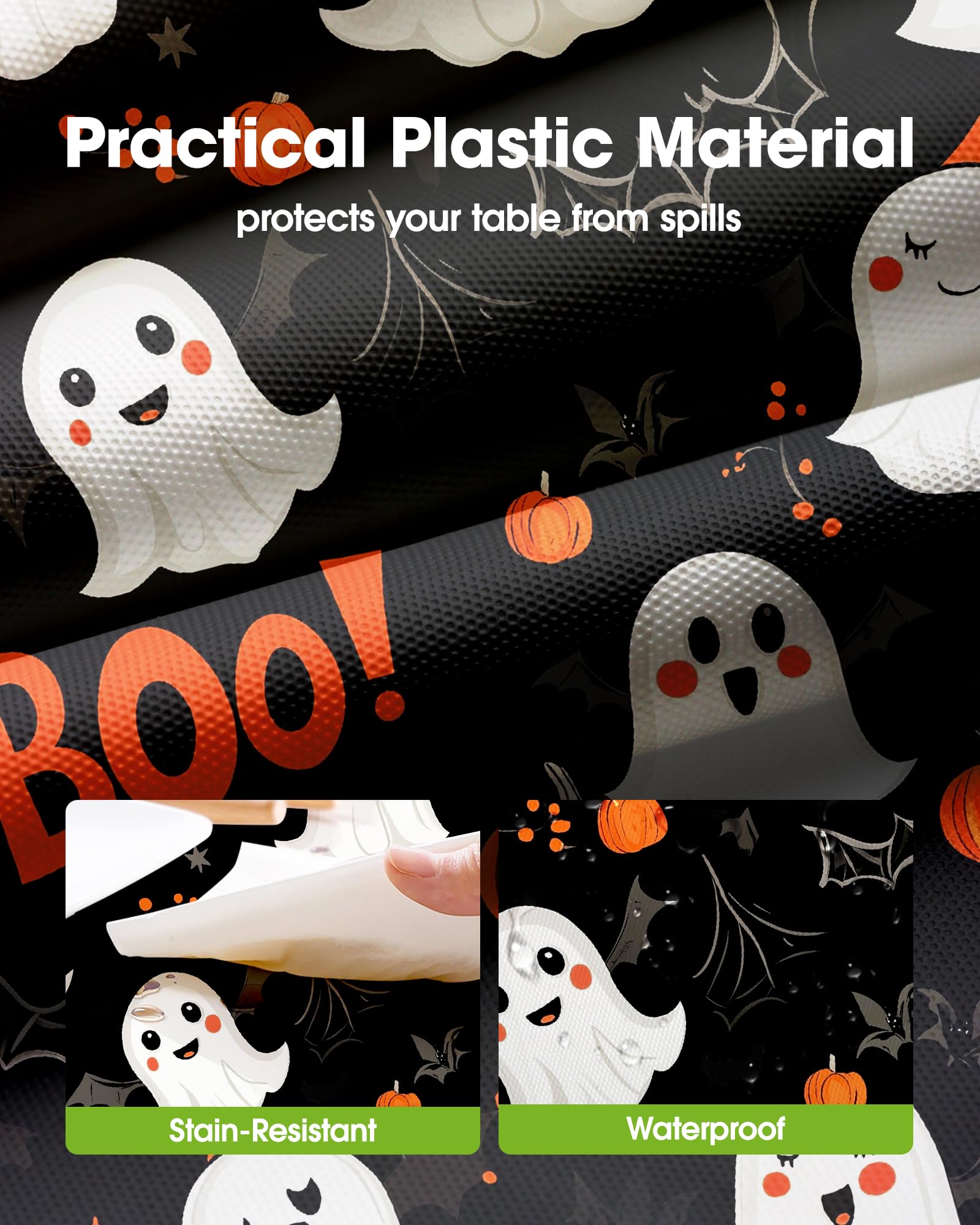 Pureegg Halloween Black Plastic Table Cloth Disposable, 10 Pack, Ghost