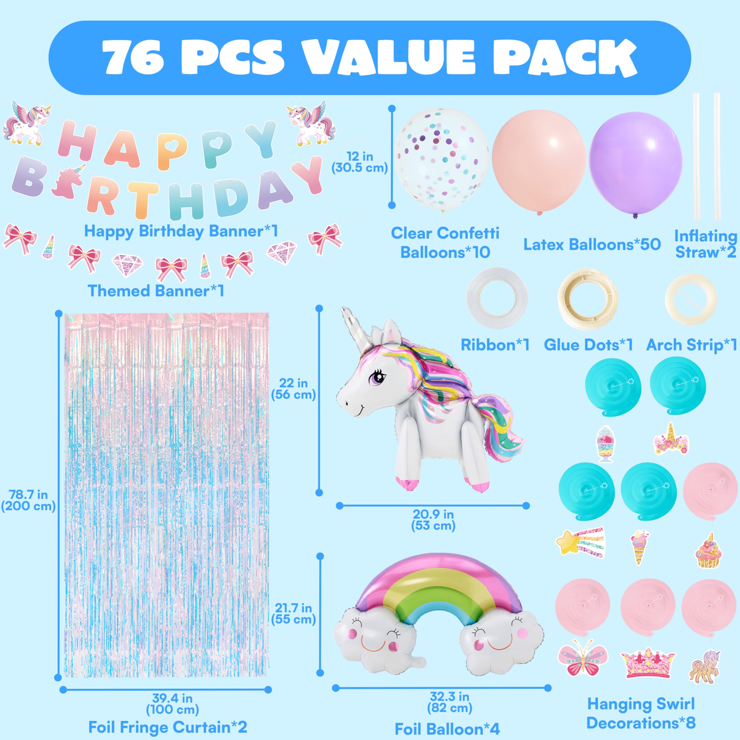 JOYIN Unicorn Magical Rainbow Birthday Party Decorations, 76PCS Unicorn Party Supplies with Banner, Foil & Latex Balloons, Spiral Swirls and Tinsel Curtains for Baby, Boys, Girls, Men & Women