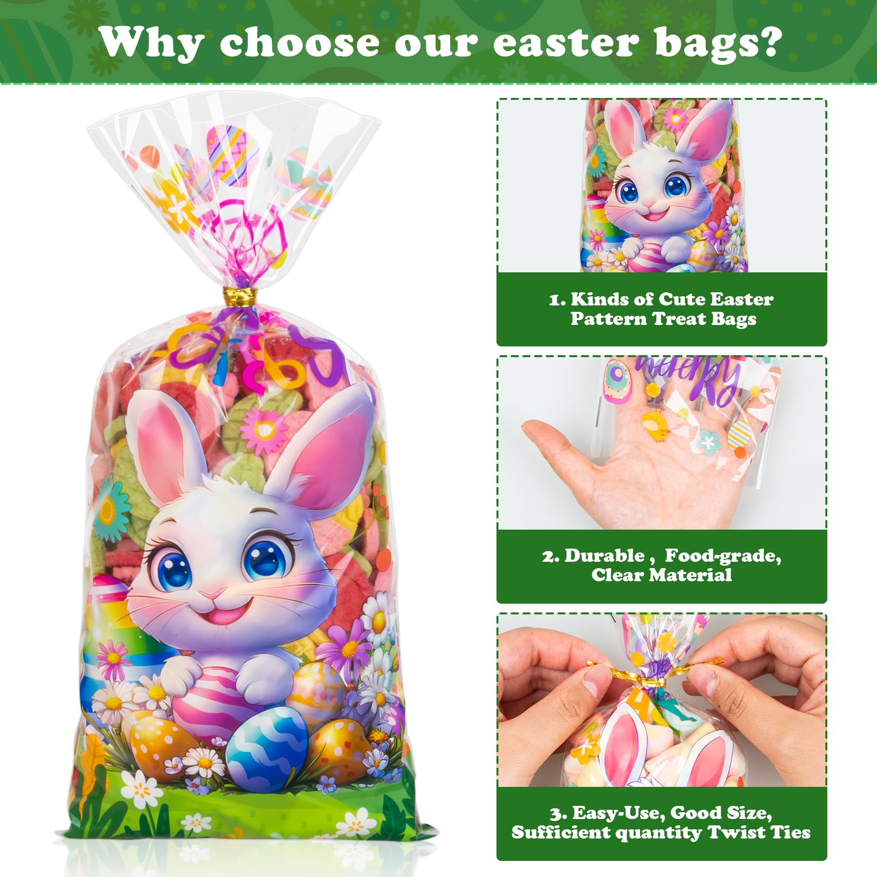 GIFOHAPY 100 PCS Easter Treat Bags with 120 pcs Twist Ties, 5 Style Cellophane Candy Bags for Kids, Sturdy Colorful Cellophane Cookie Goody Party Favor Bags for Easter Party Supply