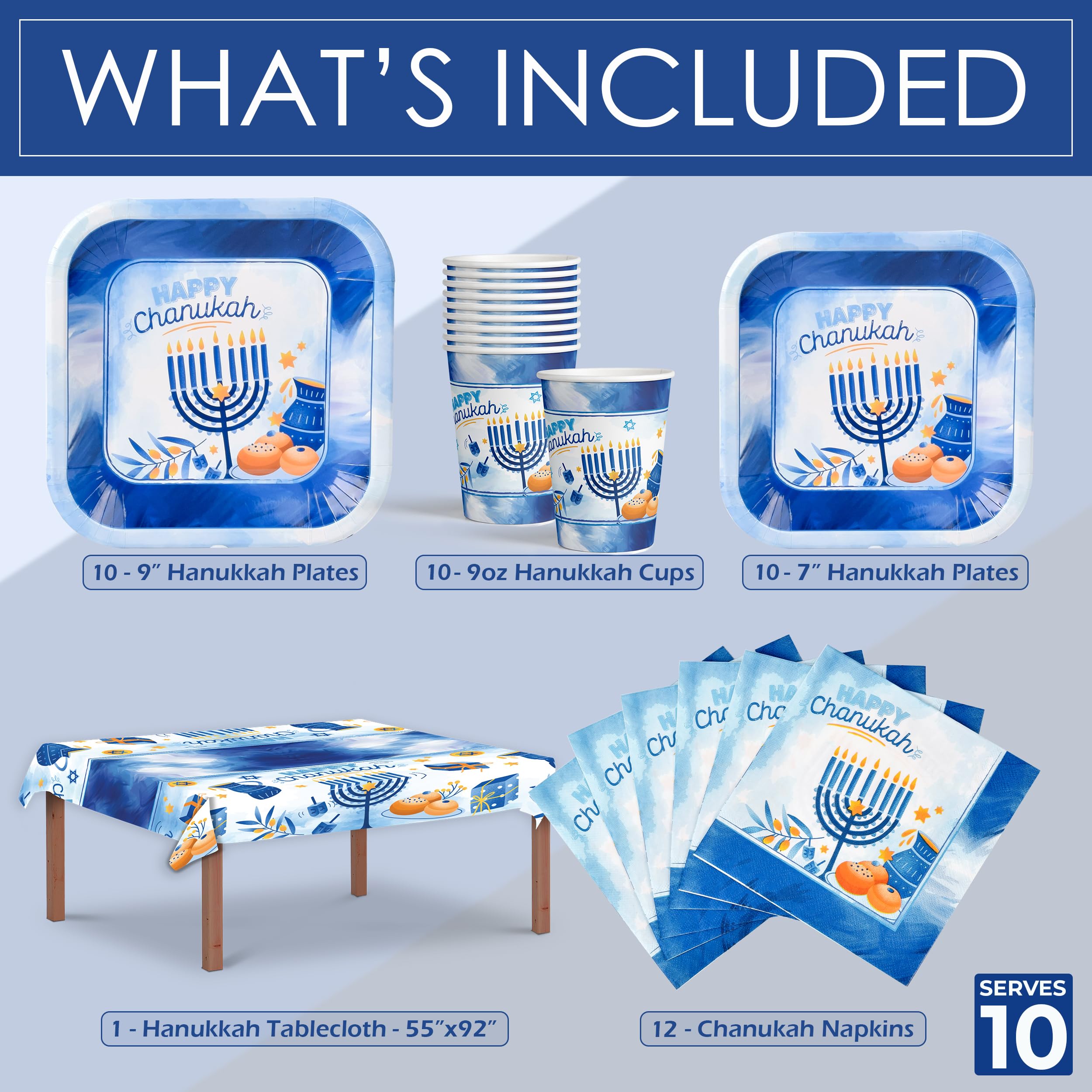 Hanukkah Plates And Napkins Set - Hanukkah Party Set - 7" And 9" Plates, Cups, Napkins and Tablecloth - Serves 10