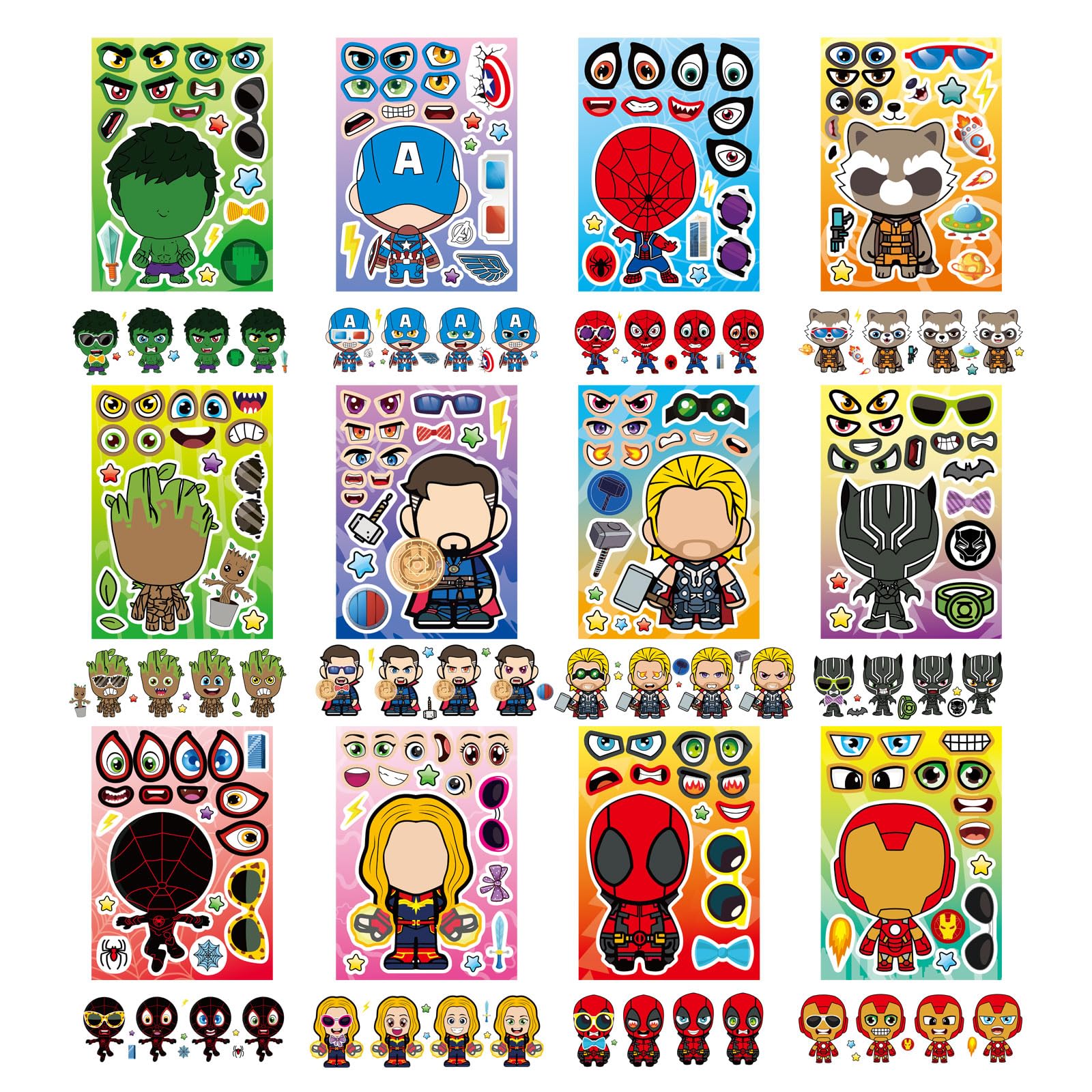 36 Pieces Make-a-face Stickers Pack, Heroes Make Your Own Stickers, Mixed & Matched with 12 Designed Characters(3 of Each) for Party Decoration, Reward, Decor 638