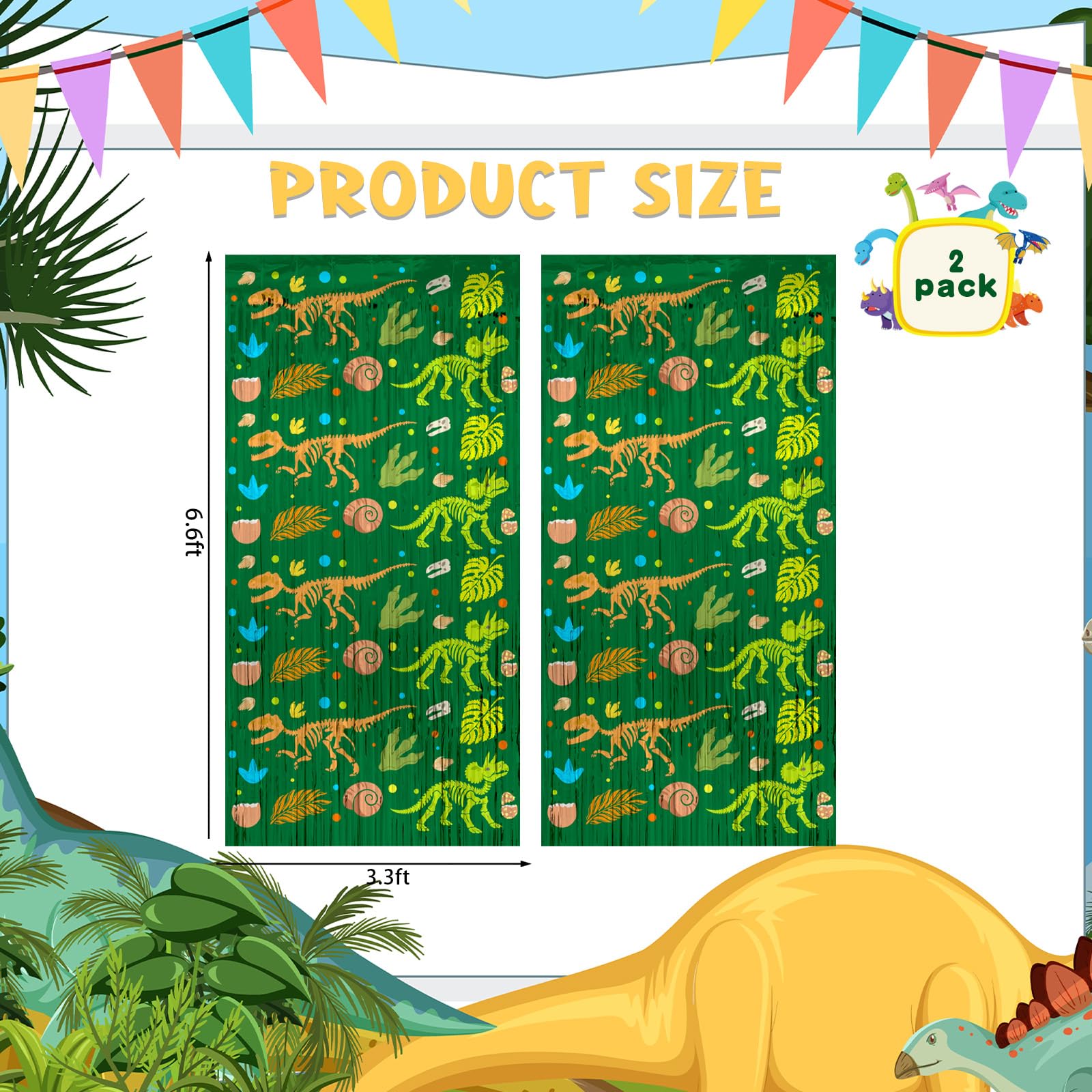 2 Pack Dinosaur Foil Curtain, 3.3 x 6.6 Ft Dino Party Decorations Backdrop