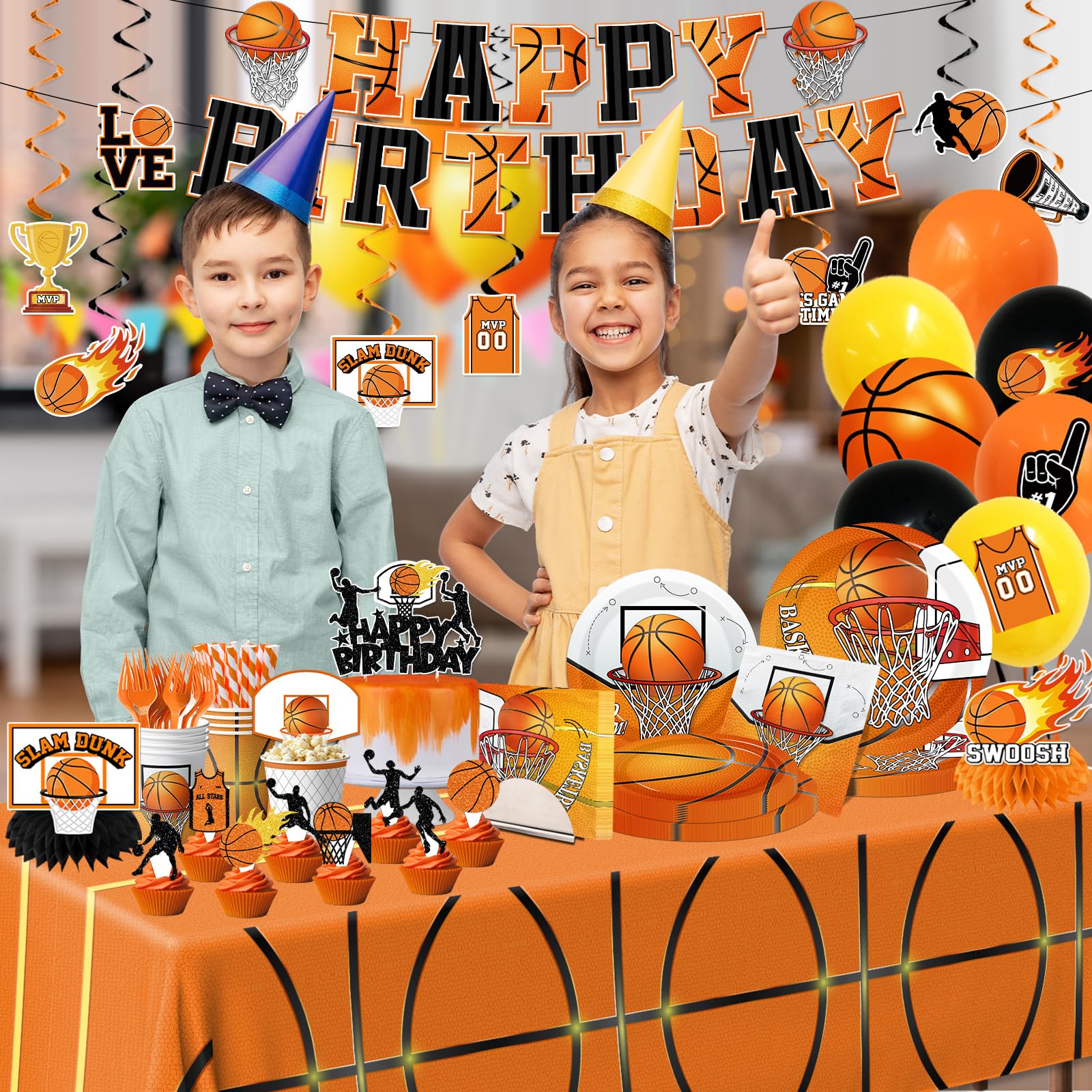 Basketball Party Decorations,206pcs Basketball Birthday Decorations Include Plates And Napkins Cups,Tablecloth,Banner,Hanging Swirls,Cake Topper,Balloon for Basketball Party Supplies,Serve 24