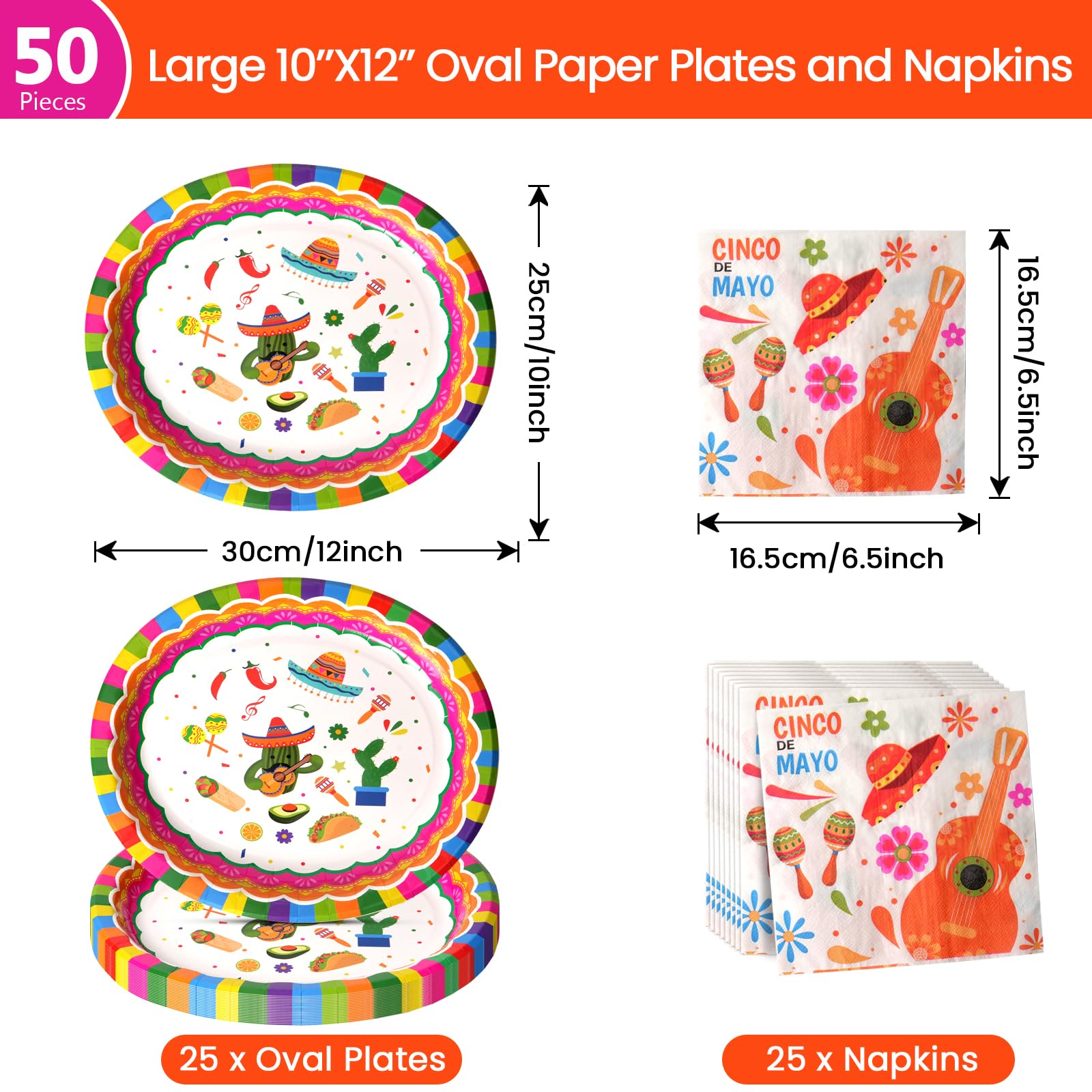 Dereinwo 50Pcs Fiesta Large 12" x 10" Oval Paper Plates and Napkins Disposable Heavy Duty Paper Plates and Napkins for Cinco De Mayo Party Supplies