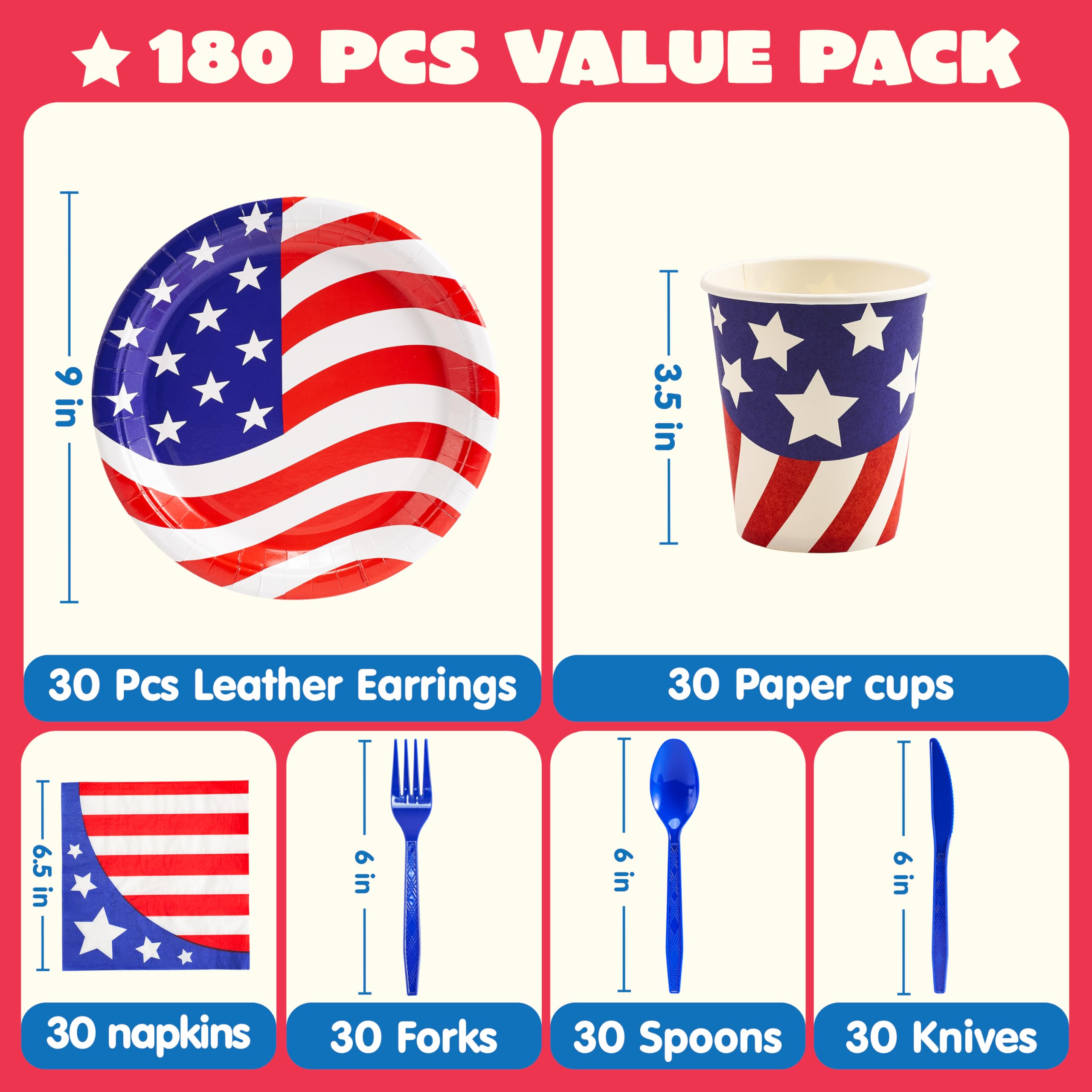 JOYIN 180 Pcs Patriotic Party Supplies Dinnerware Set of 30 Plates,30 Napkins,30 Paper Cups and 90 Plastic Utensils for 4th of July Celebration, Memorial Day, Patriotic Party Decoration (Serves 30)