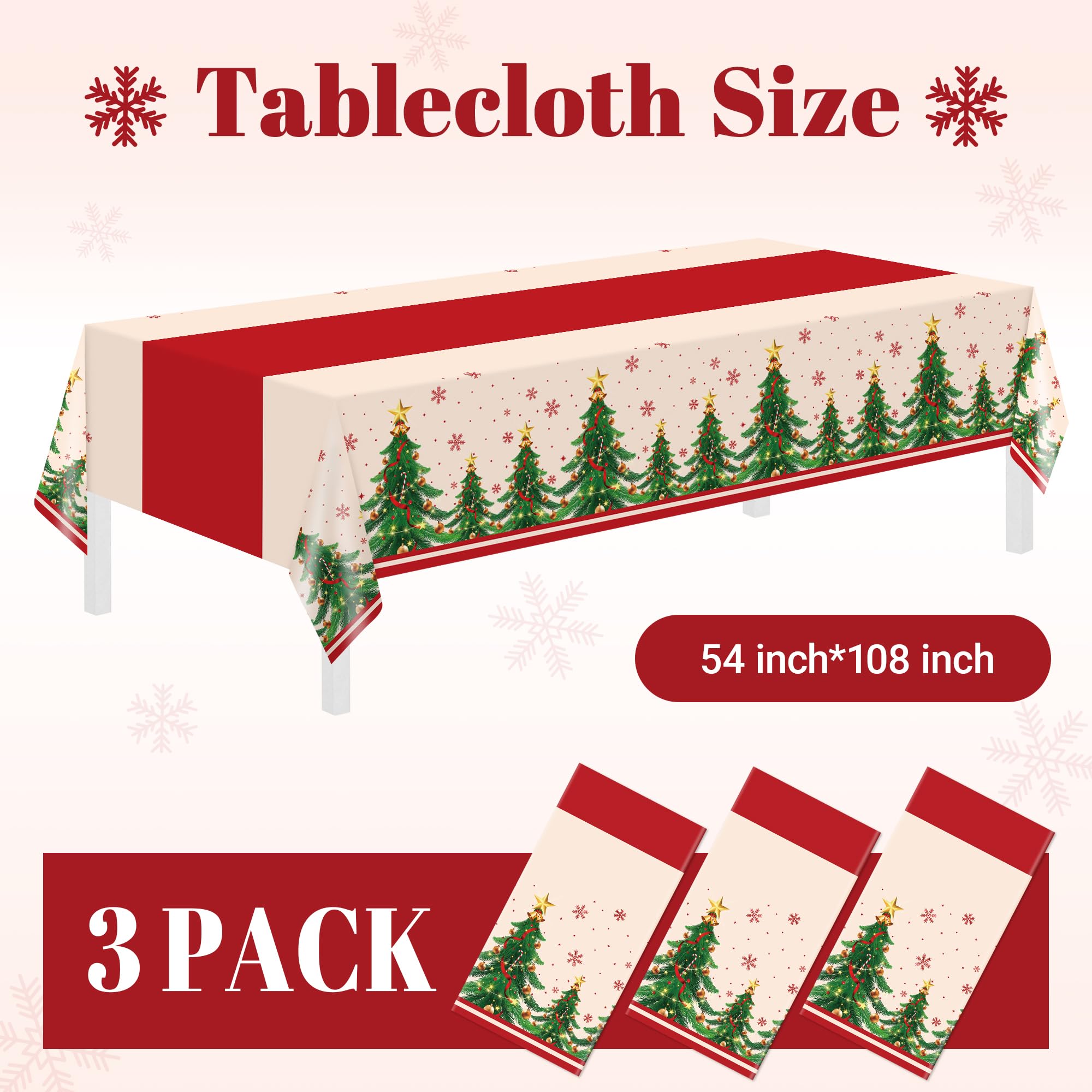 Childom 3 Pack Christmas Tablecloths,Christmas Party Decoration,54 X 108 Inch,Disposable Plastic Table Cloths Rectangular for Party Supplies,Xmas Tree Table Cover for Home,Dinner,Indoor,Outdoor,Picnic