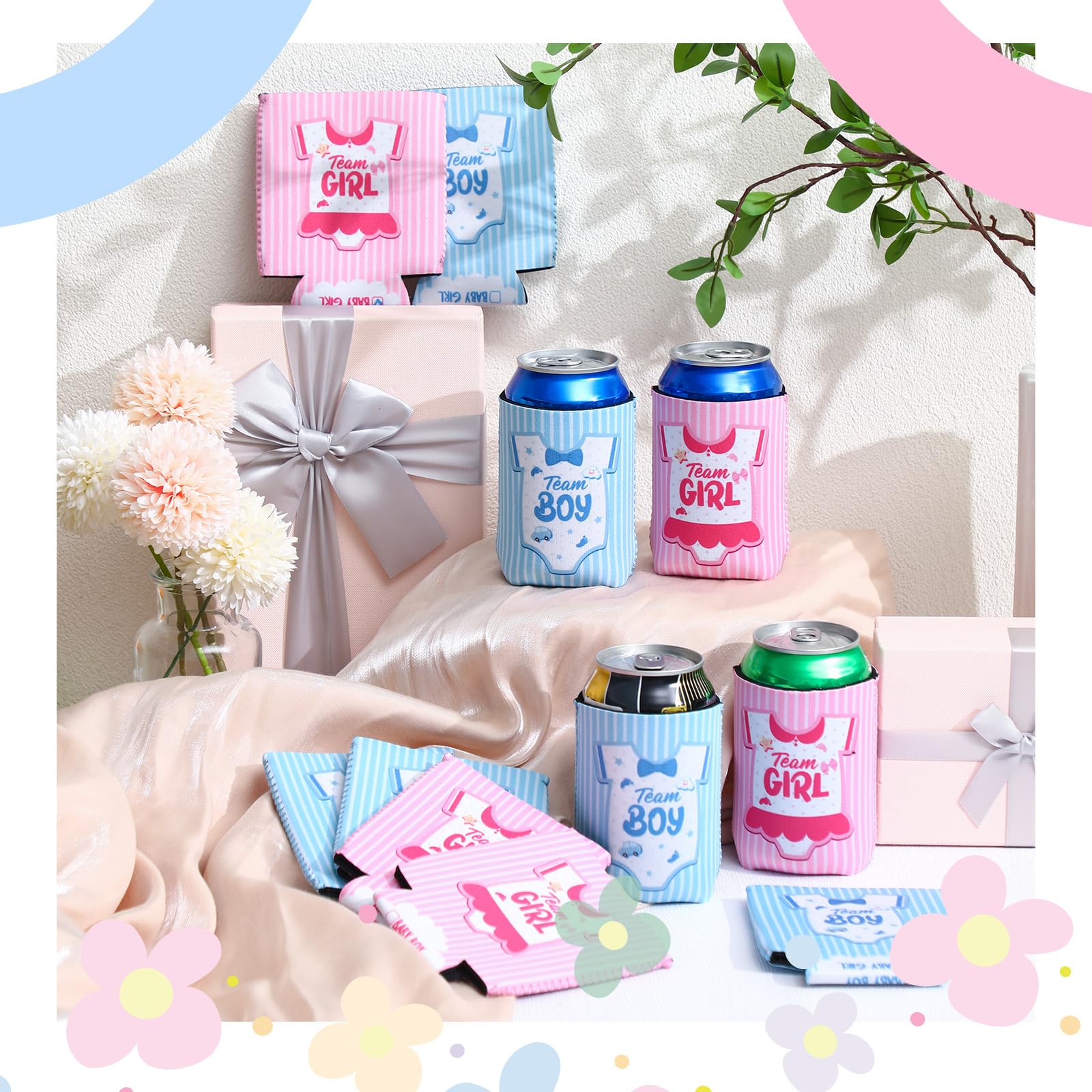 Ninehaoou 36 Count Boy or Girl Gender Reveal Decorations Team Girl Team Boy Can Coolers Sleeves Gender Reveal Can Coolers Pink and Blue Coolies for Baby Party Supplies