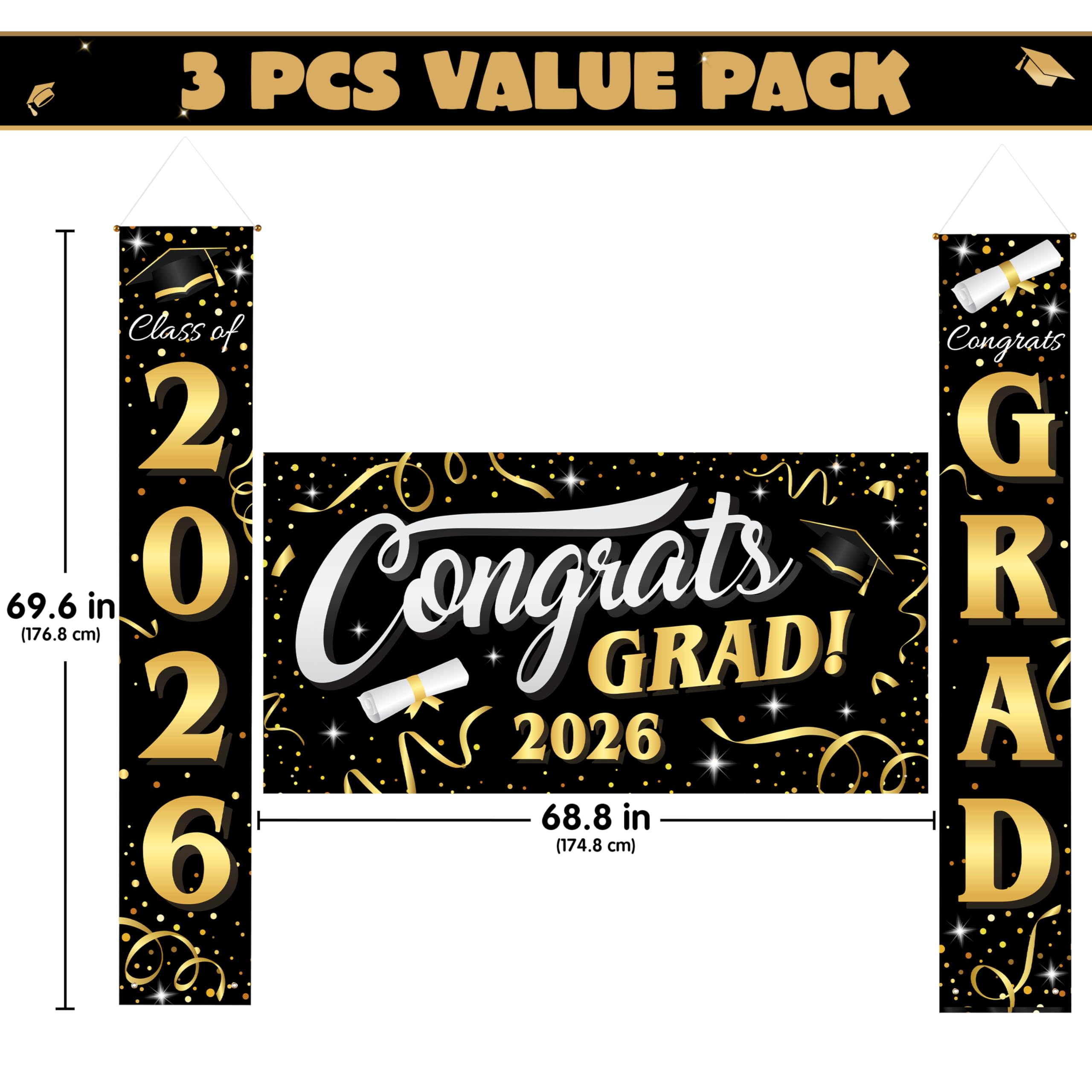 JOYIN 3 Pcs Graduation Decorations Class of 2026, Large Graduation Banners Set, Gold & Black Congrats Grad Party Backdrop and Banner Hanging Porch Supplies for College Graduation Indoor/Outdoor Decor