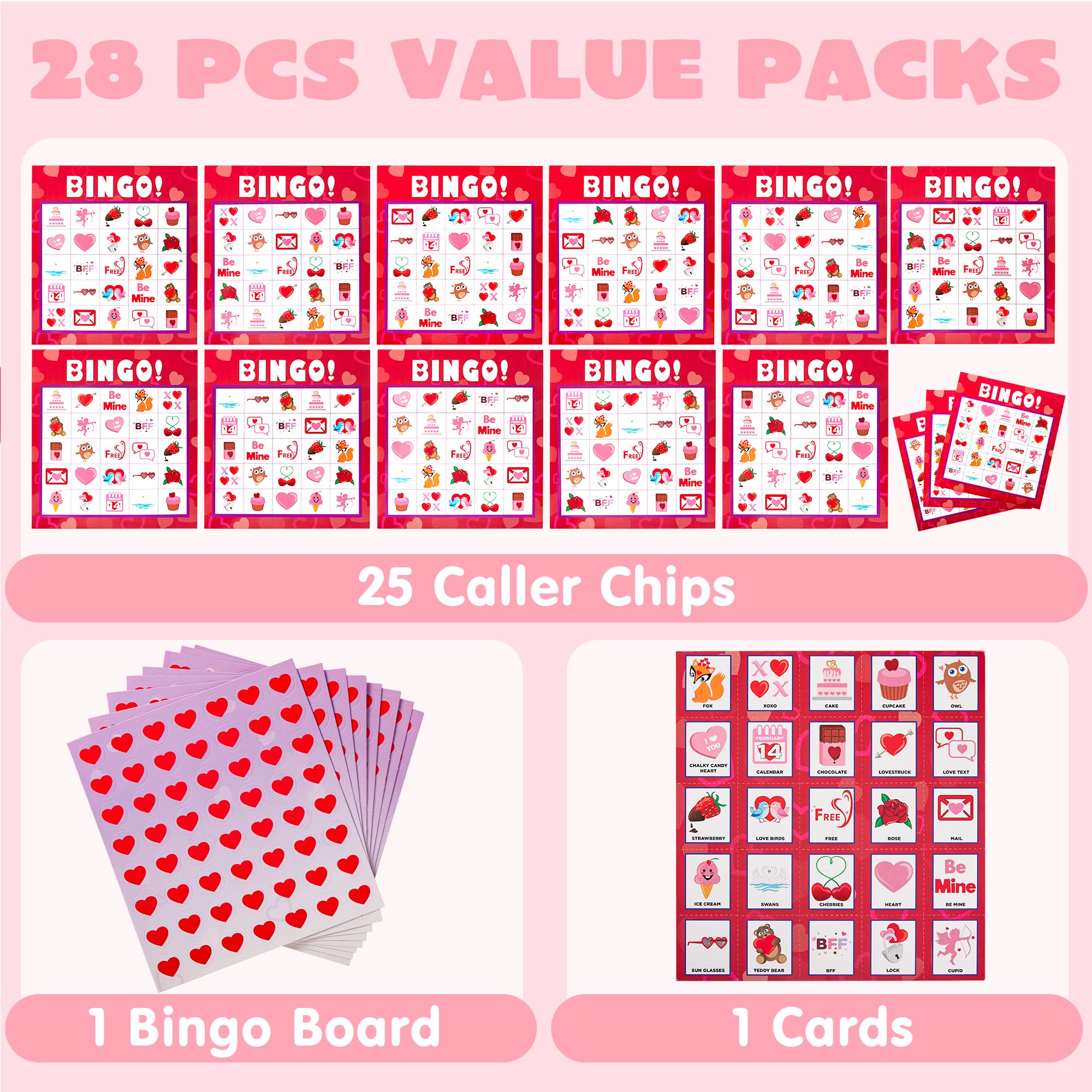 JOYIN Valentines Day Bingo Game Cards (5x5) – 28 Players for Kids Party Gift, School Classroom Love Supplies, Family Entertainment Activities