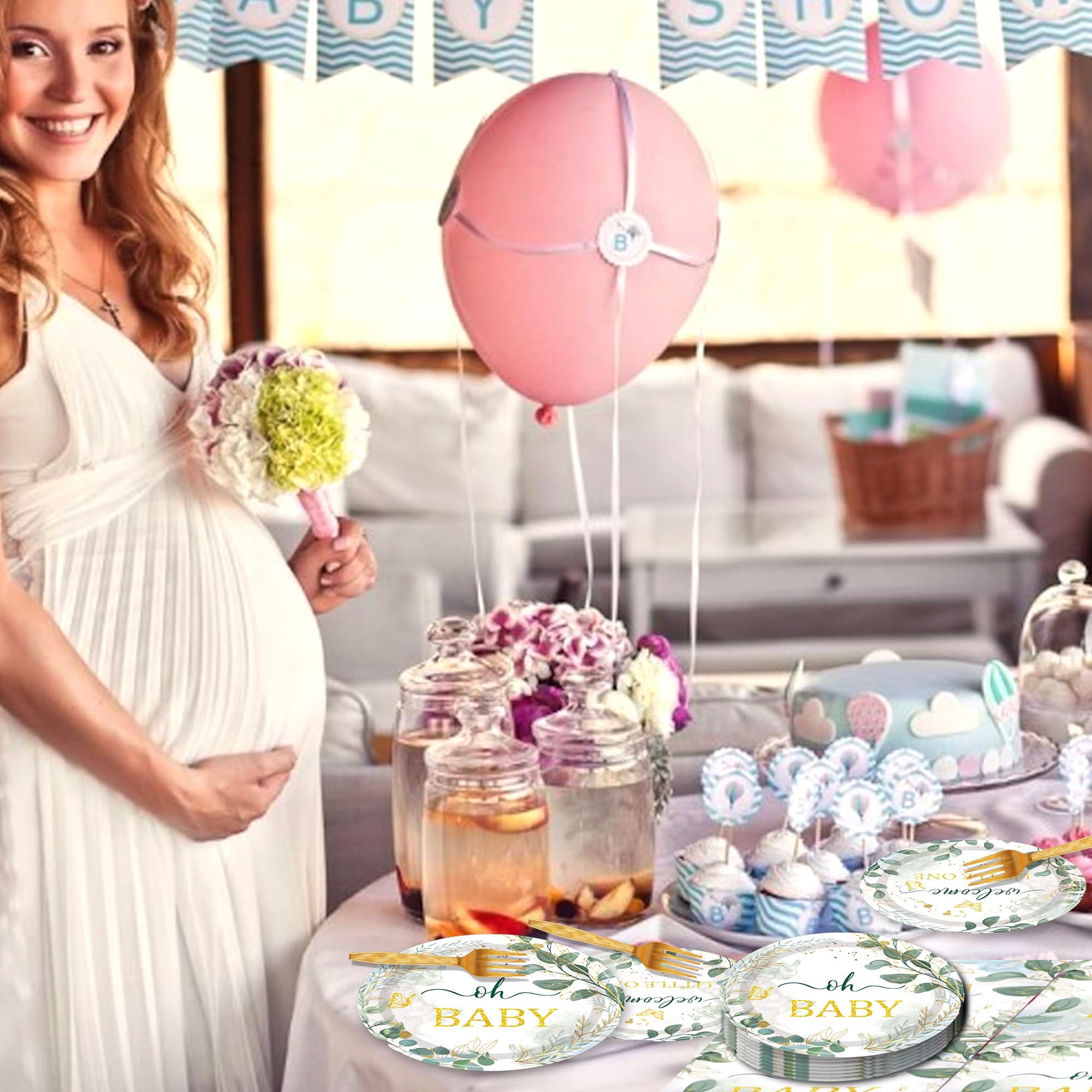 Sage Green Baby Shower Decorations - 96PCS Sage Plates and Napkins Party Supplies Welcome Little One Green Baby Shower Disposable Paper Tableware Set Serves 24 Guests