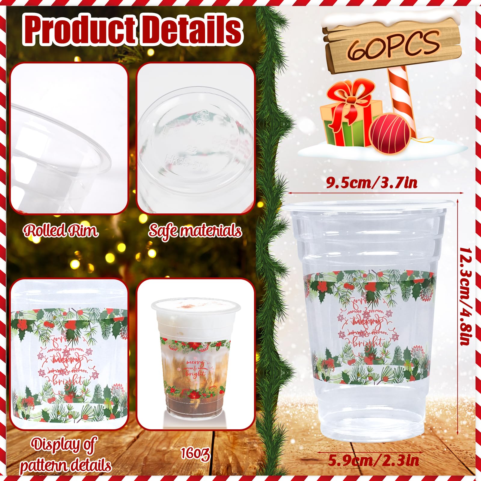 TEASIK 60 Pieces 16oz Christmas Poinsettia Cups,Holiday Party Drinkware Table Decorations Supplies,Plastic Disposable Cups for Merry Christmas Party Decorations