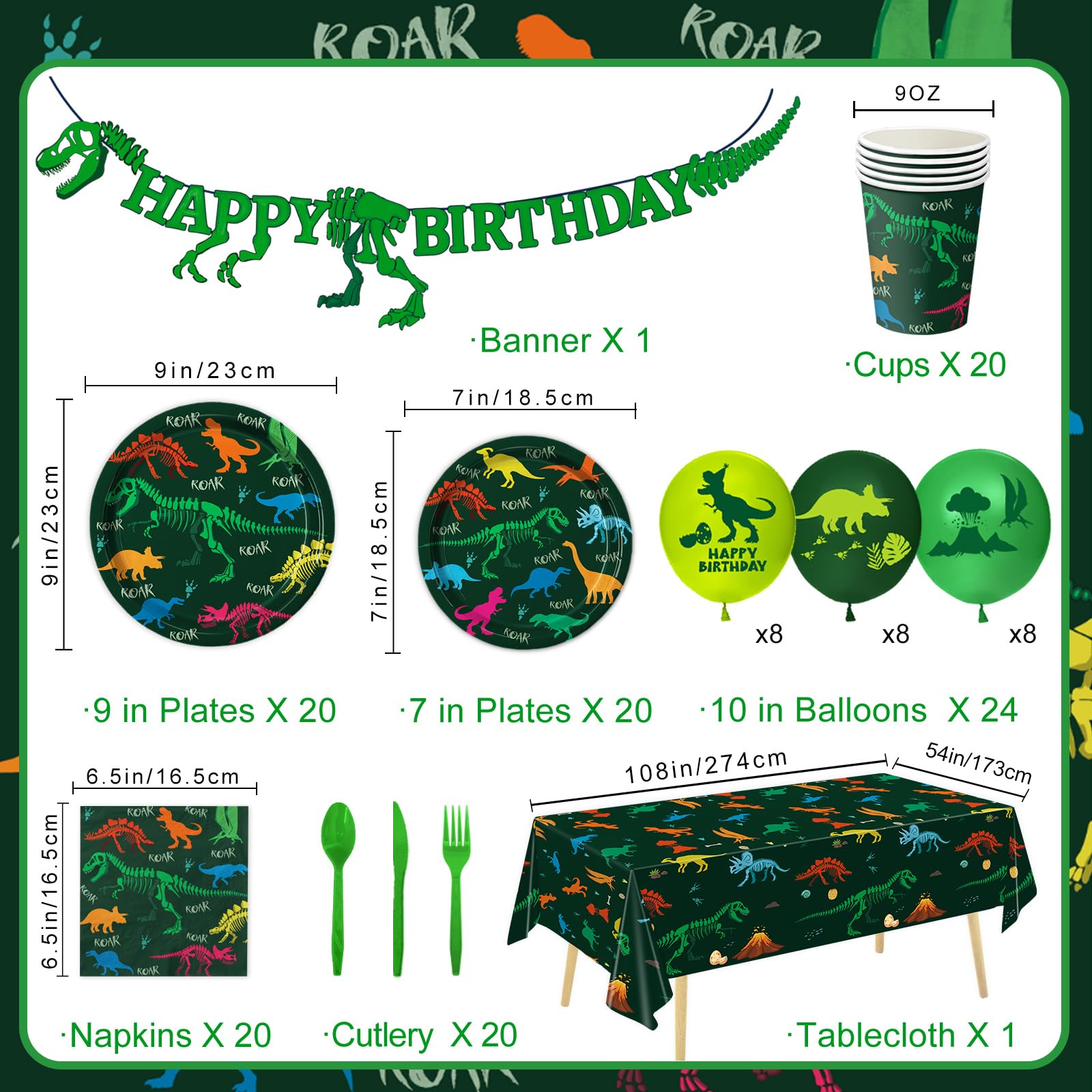 166 PCS Dinosaur Birthday Decorations, Dinosaur Party Supplies Includes Plates, Cups, Napkins, Cutlery, Banner, Tablecloth, Balloons for Dino Party Decorations, Serves 20