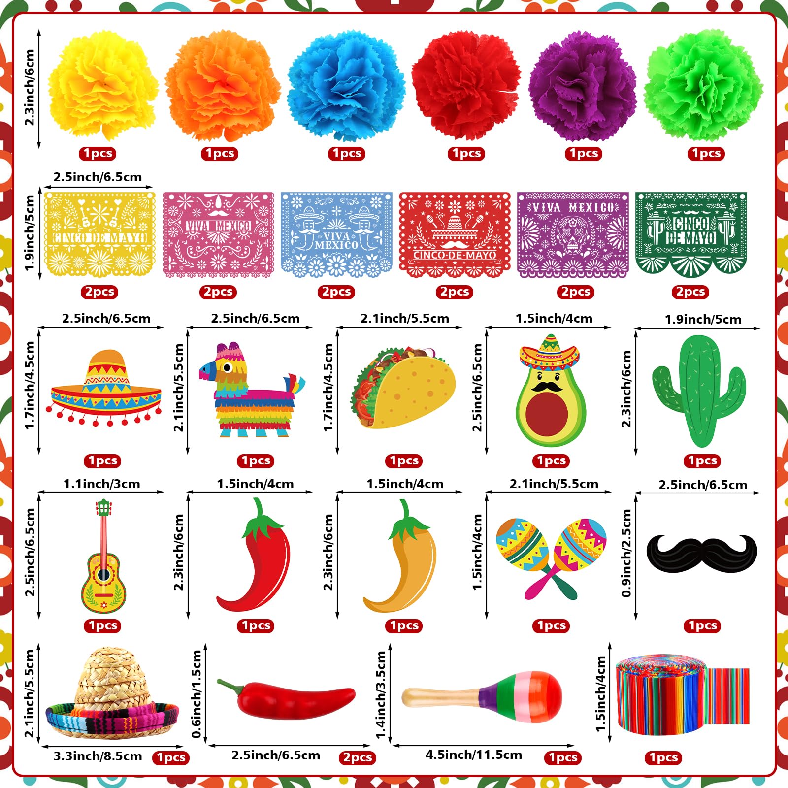 Hooqict 33Pcs for Fiesta Cake Decorations Set with Mini Papel Picado Banner, Serape Ribbon, Taco, Flower Mexican Cake Toppers & Cupcake Toppers for Cinco de Mayo Mexican Theme Party Decorations