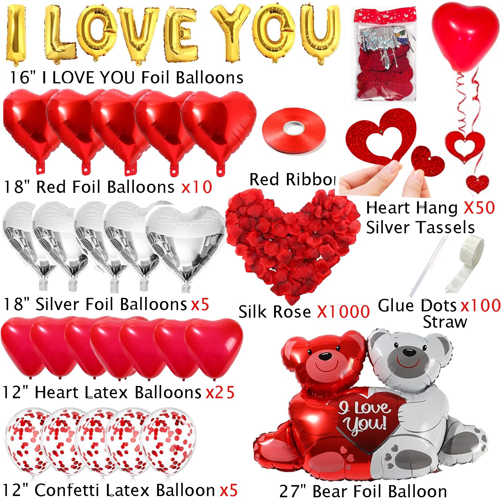 54pcs I Love You Heart Balloons Valentines Decoration with 50 Hanging 1000 Silk Rose Petal Bear Heart Shaped Silver Red Balloons for Romantic Night Wedding Anniversary Decor Valentines Party