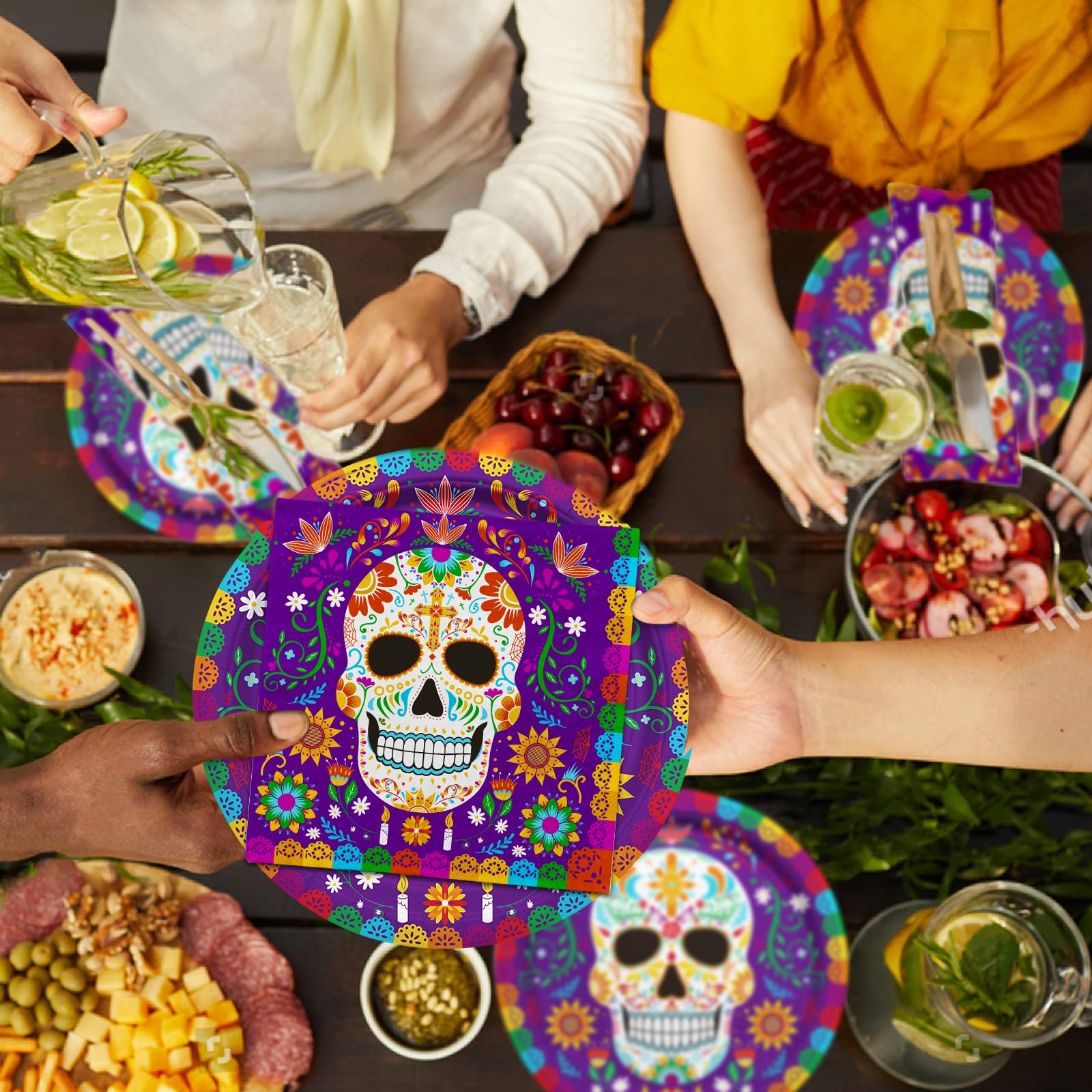 Day of the Dead Party Supplies Kit Serve 25, Includes Disposable Sugar Skull Dinner Plates, Dessert Plates, Napkins, Cups and Tablecloth, Día de los Muertos Party Decorations
