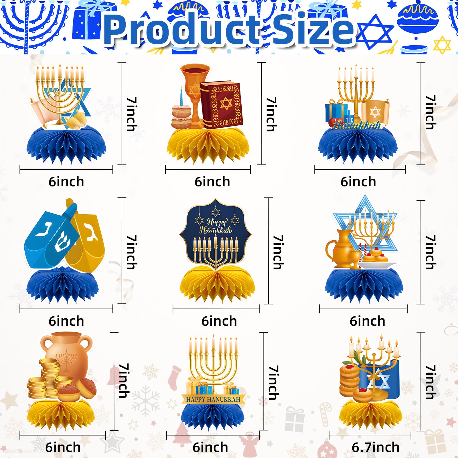 9 Pcs Hanukkah Honeycomb Centerpieces - Menorah, Dreidel, Star of David, Gelt and Festival of Lights Table Decorations for Jewish Holiday Parties, Family Dinners, and Classroom Celebrations