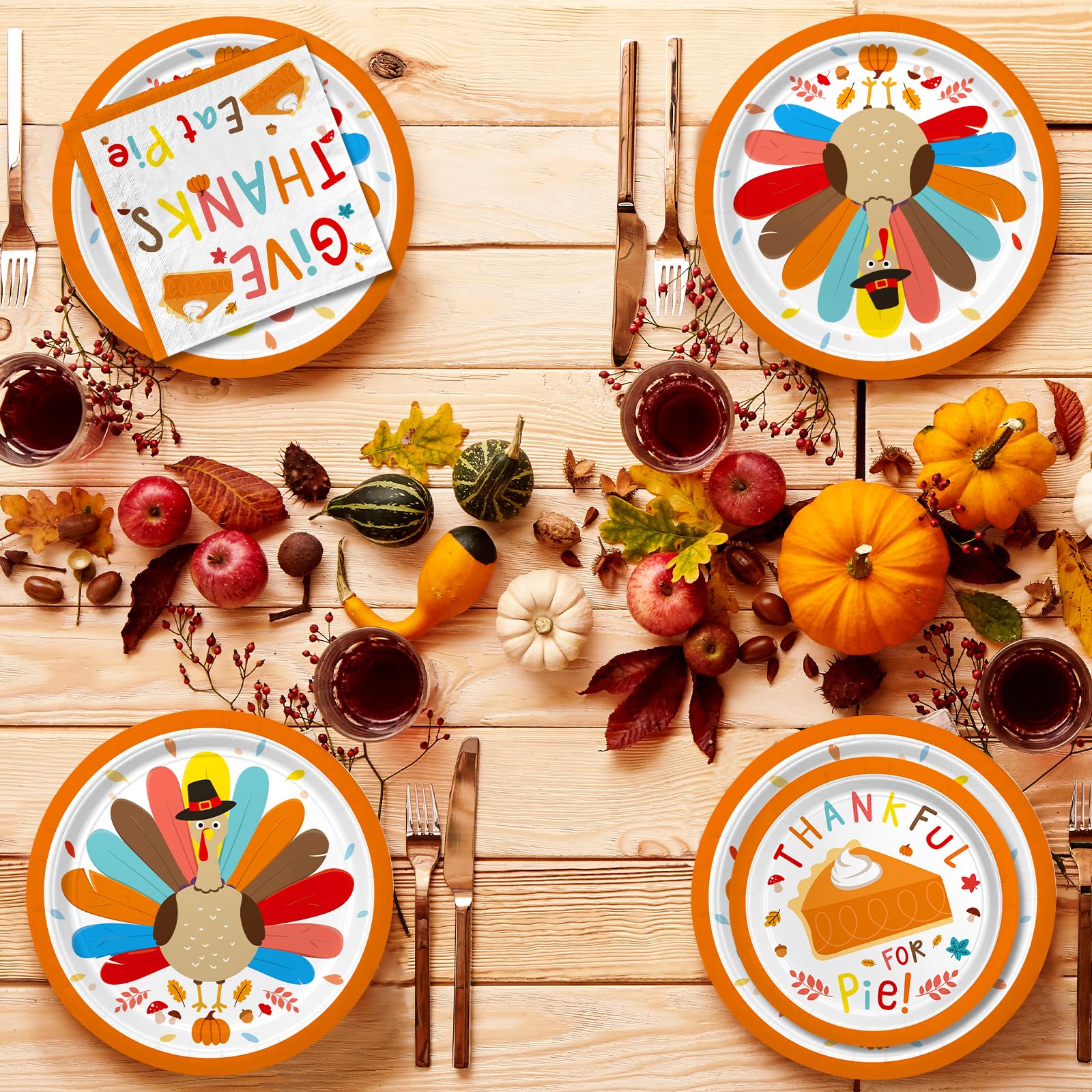 Gatherfun Turkey Thanksgiving Party Supplies Kit for 50 Guests - Complete Autumn-Themed Disposable Dinnerware Set: Dinner & Dessert Plates, Napkins - Thanksgiving Party Decorations