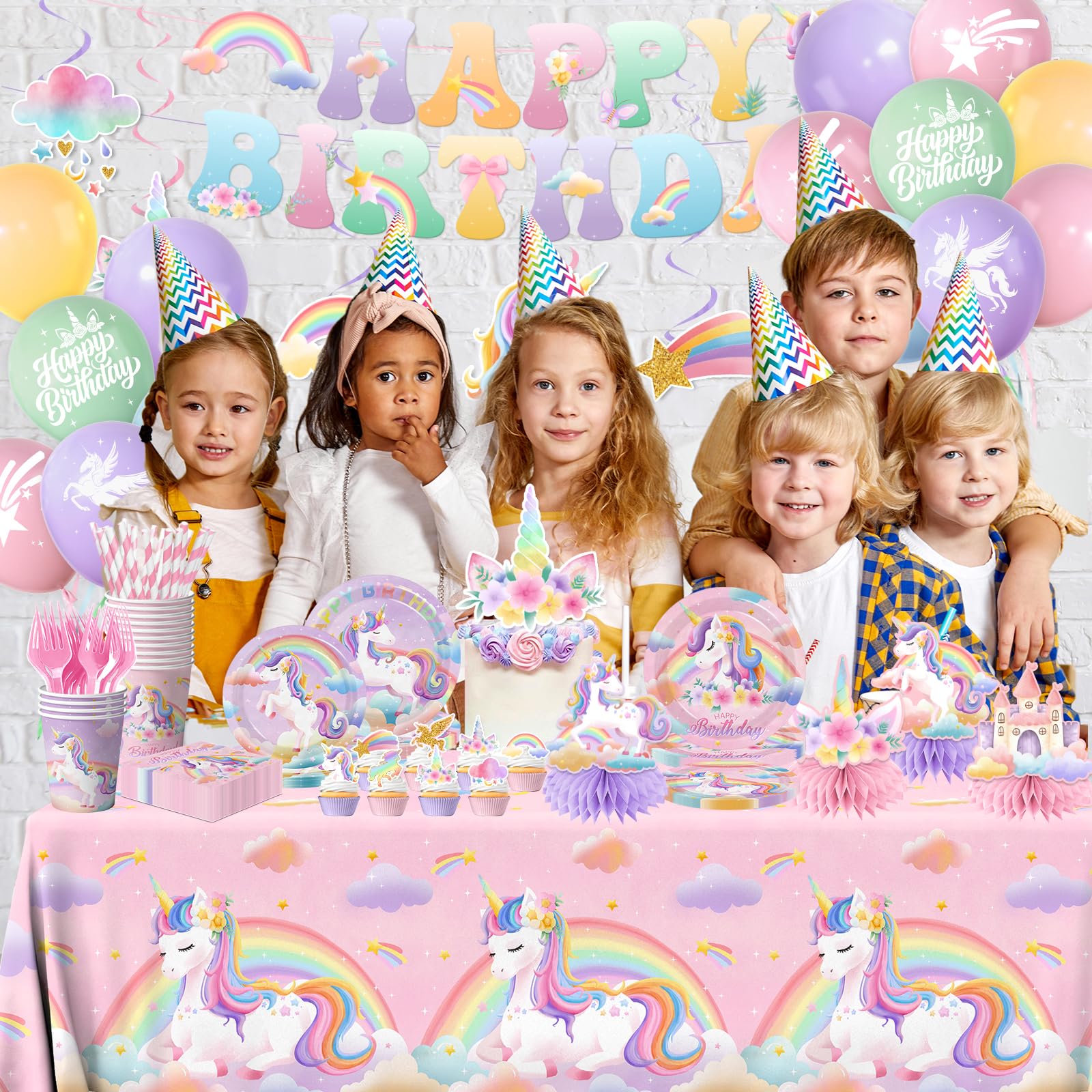 Unicorn Birthday Decorations,189pcs Unicorn Party Decorations Tableware Unicorns Plates and Napkins Cups Tablecloth Banner Hanging Swirls Cake Topper for Rainbow Girls Birthday Party Supplies,Serve 24