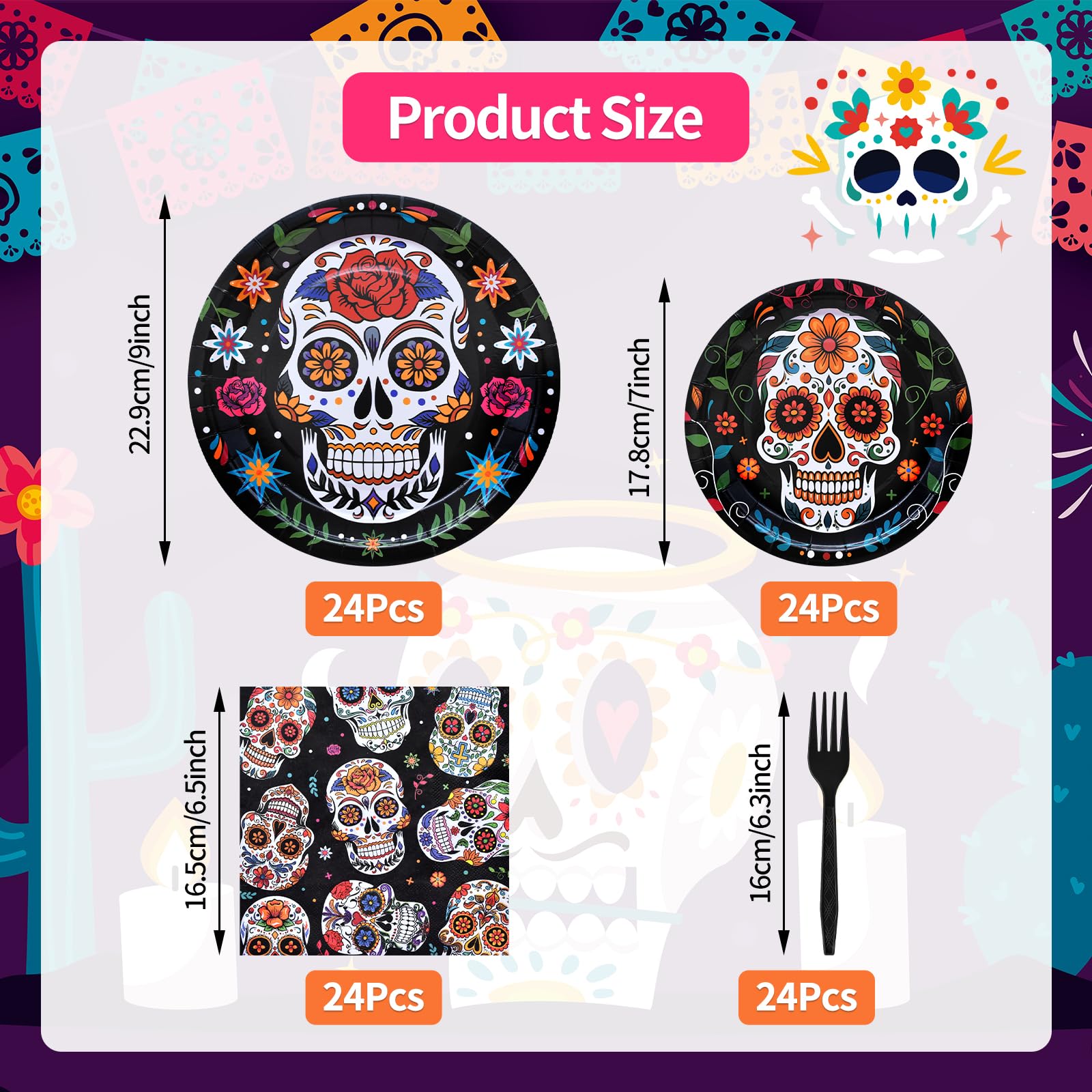 96 Pieces Day of the Dead Tableware Set - Mexican Sugar Skull Pattern Disposable Plates, Napkins, and Forks for Dia de los Muertos, Halloween, Fiesta, and Cultural Celebrations – Serves 24